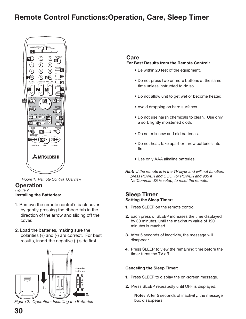 Operation, Sleep timer, Care | Figure 2. operation: installing the batteries, Installing the batteries | MITSUBISHI ELECTRIC WS-65517 User Manual | Page 30 / 100