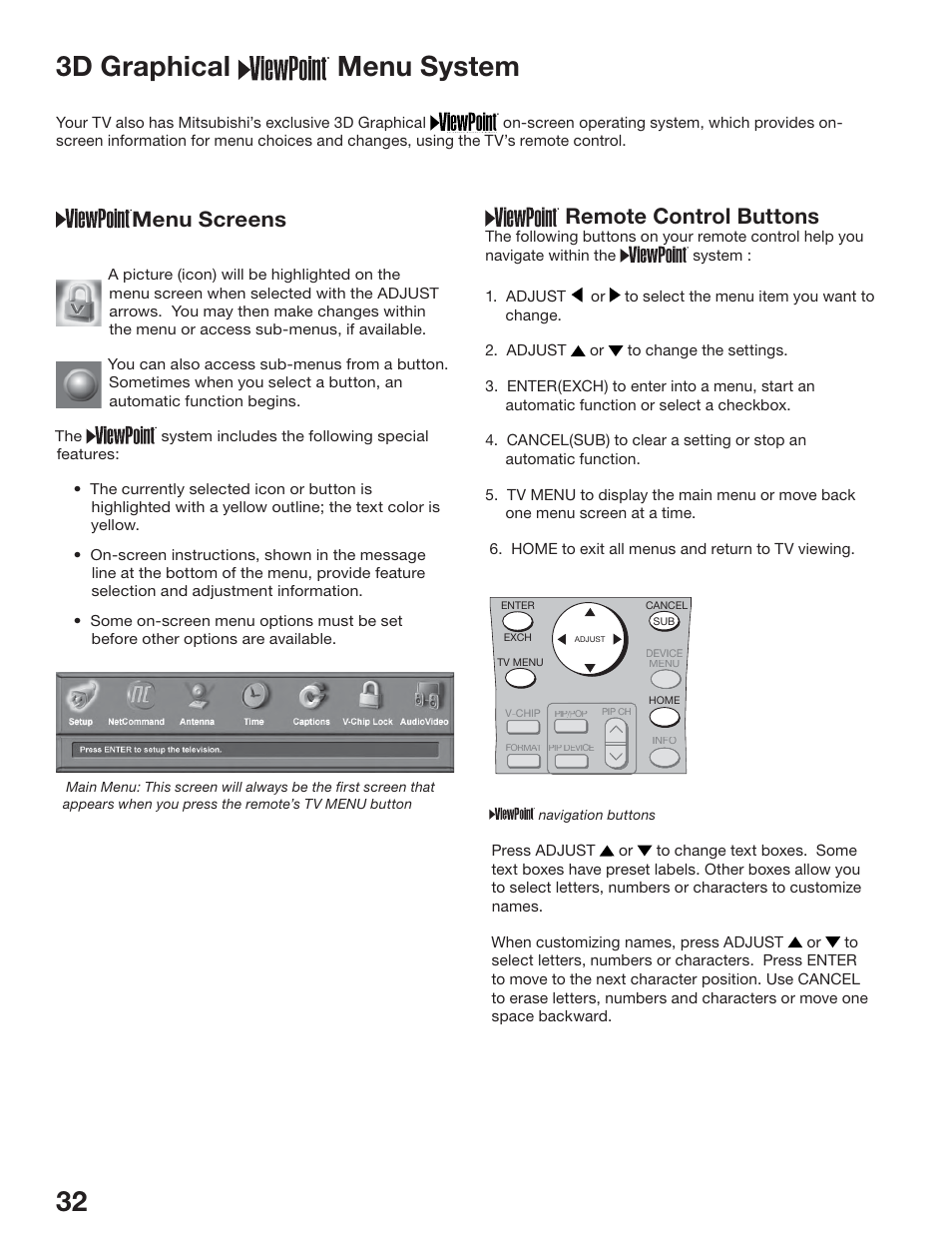 3d graphical menu system, Remote control buttons, Menu screens | MITSUBISHI ELECTRIC WS-65517 User Manual | Page 32 / 100