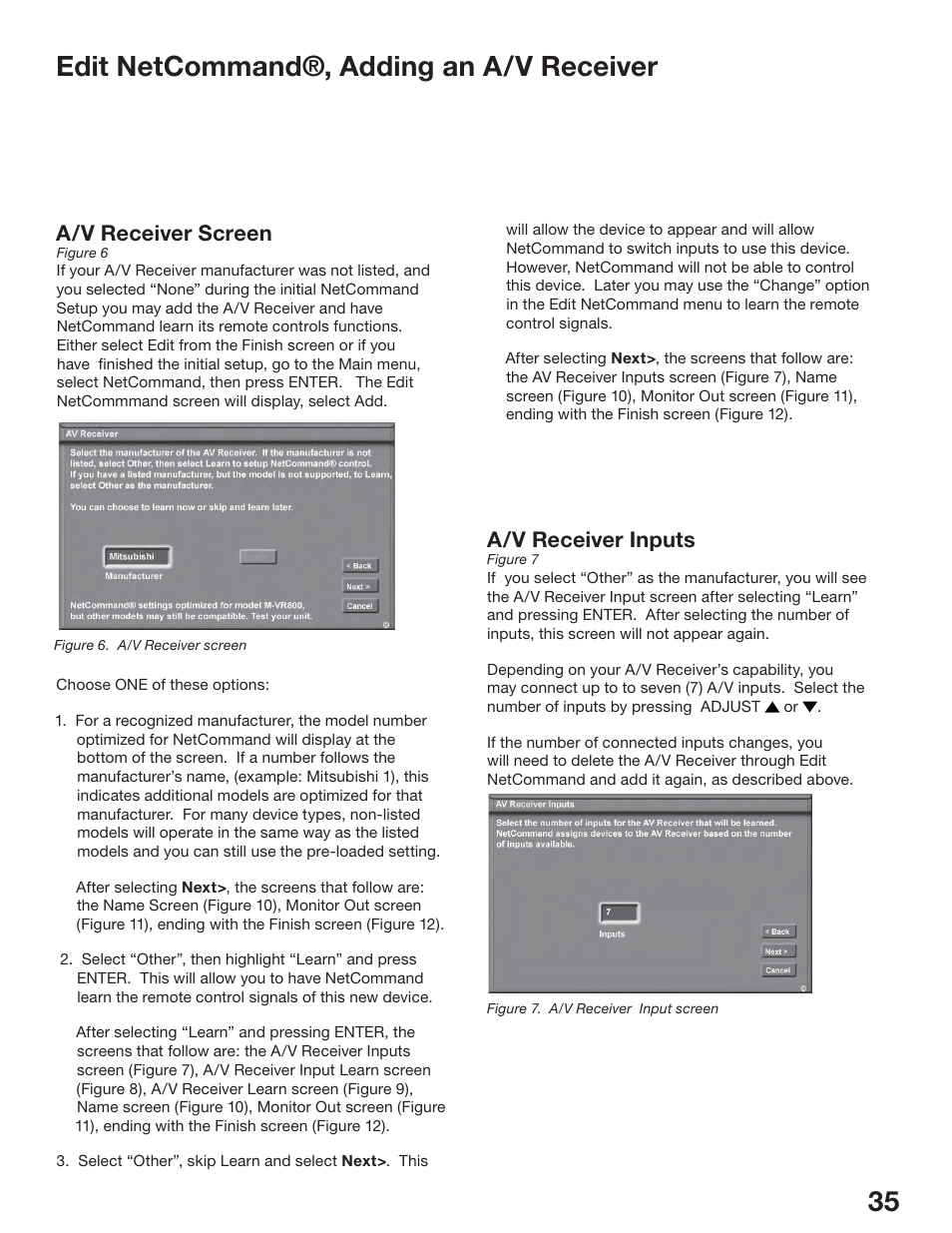 35 edit netcommand®, adding an a/v receiver, A/v receiver screen, A/v receiver inputs | MITSUBISHI ELECTRIC WS-65517 User Manual | Page 35 / 100