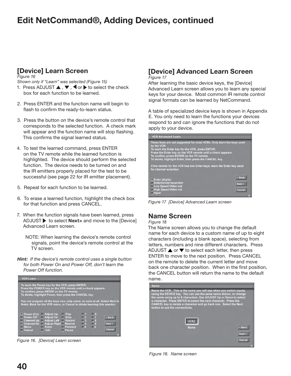 40 edit netcommand®, adding devices, continued, Name screen, Device] advanced learn screen | Device] learn screen | MITSUBISHI ELECTRIC WS-65517 User Manual | Page 40 / 100