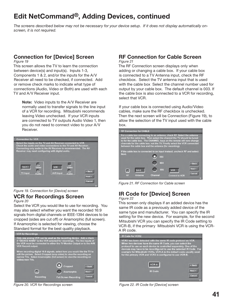 Edit netcommand, Adding devices, continued, Connection for [device] screen | Vcr for recordings screen, Rf connection for cable screen, Ir code for [device] screen | MITSUBISHI ELECTRIC WS-65517 User Manual | Page 41 / 100