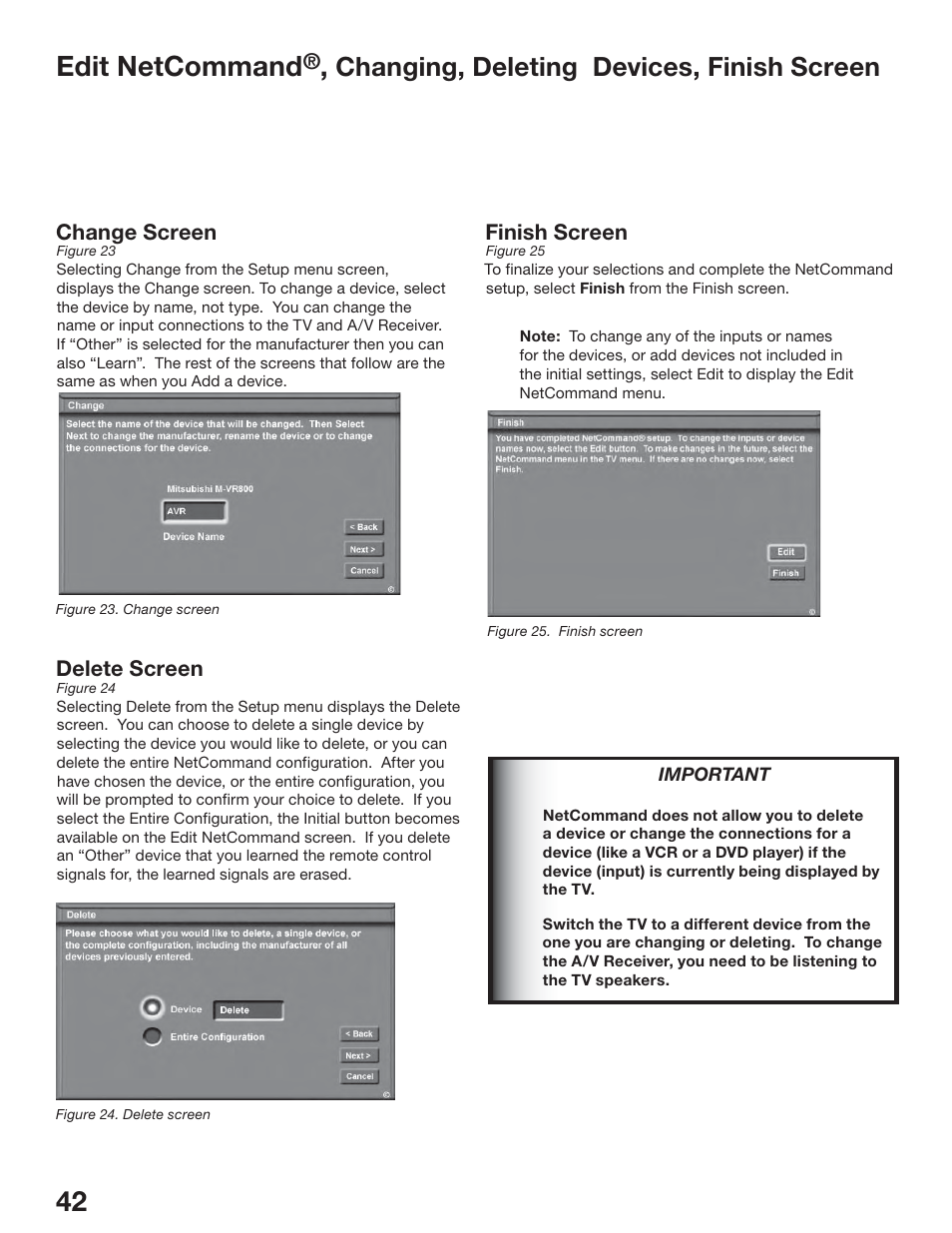 42 edit netcommand, Changing, deleting devices, finish screen | MITSUBISHI ELECTRIC WS-65517 User Manual | Page 42 / 100