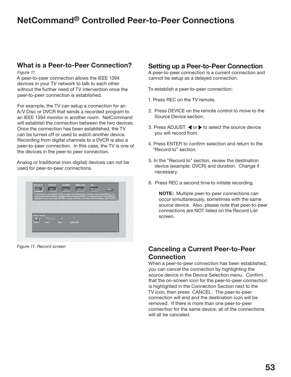 53 netcommand, Controlled peer-to-peer connections, What is a peer-to-peer connection | Setting up a peer-to-peer connection, Canceling a current peer-to-peer connection | MITSUBISHI ELECTRIC WS-65517 User Manual | Page 53 / 100