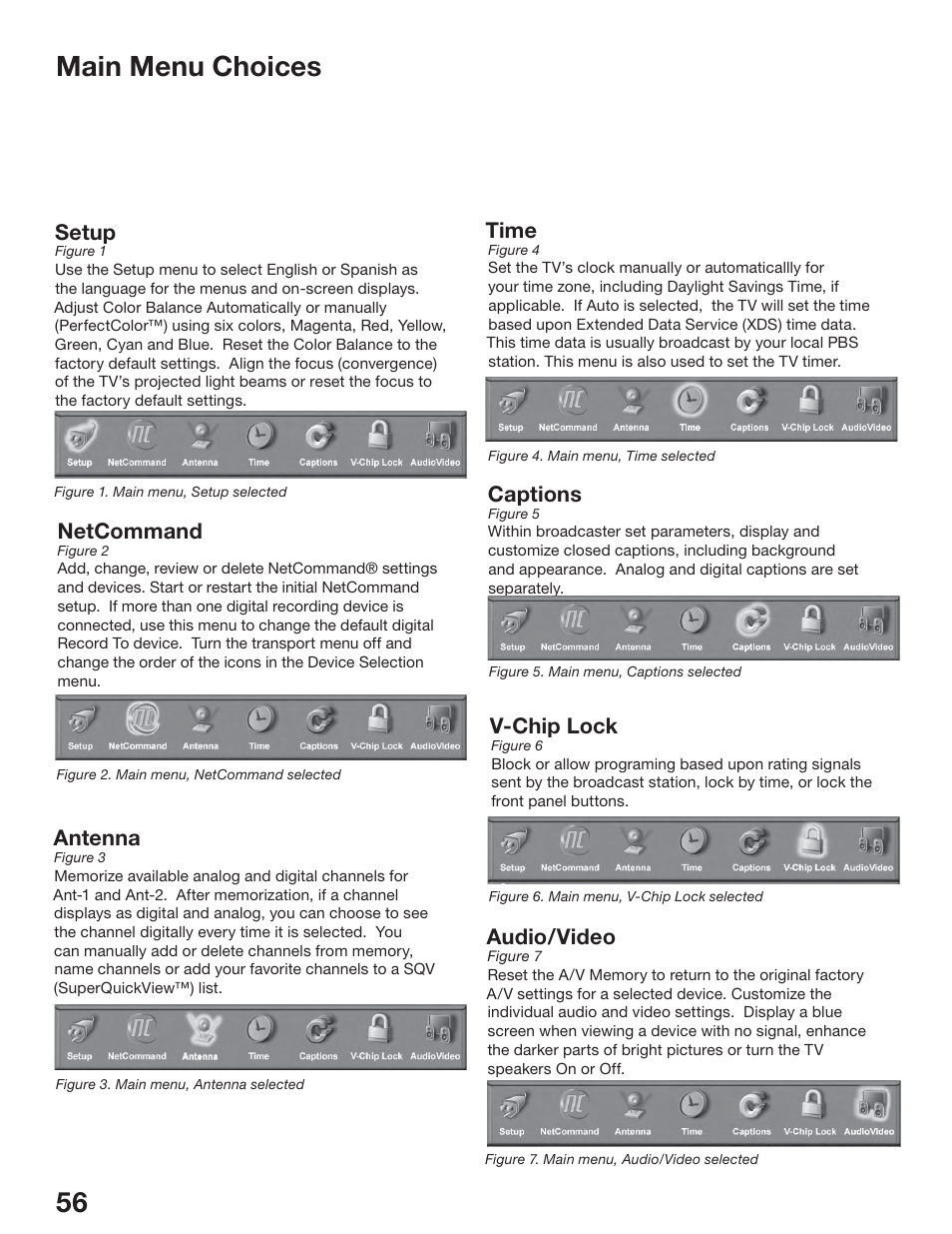 56 main menu choices, Setup, Captions | V-chip lock, Netcommand, Antenna, Audio/video, Time | MITSUBISHI ELECTRIC WS-65517 User Manual | Page 56 / 100
