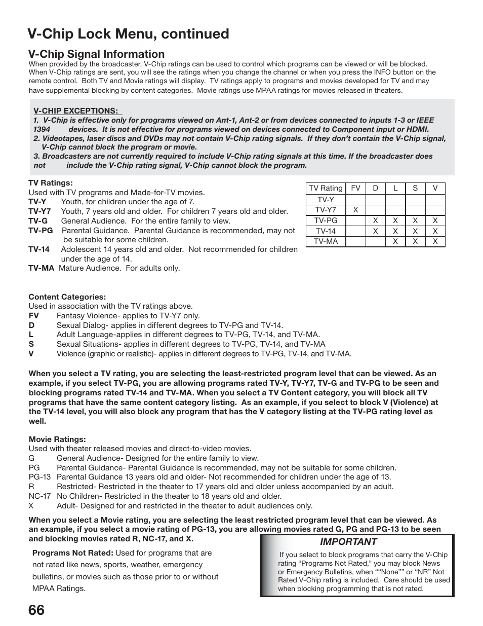 66 v-chip lock menu, continued, V-chip signal information | MITSUBISHI ELECTRIC WS-65517 User Manual | Page 66 / 100