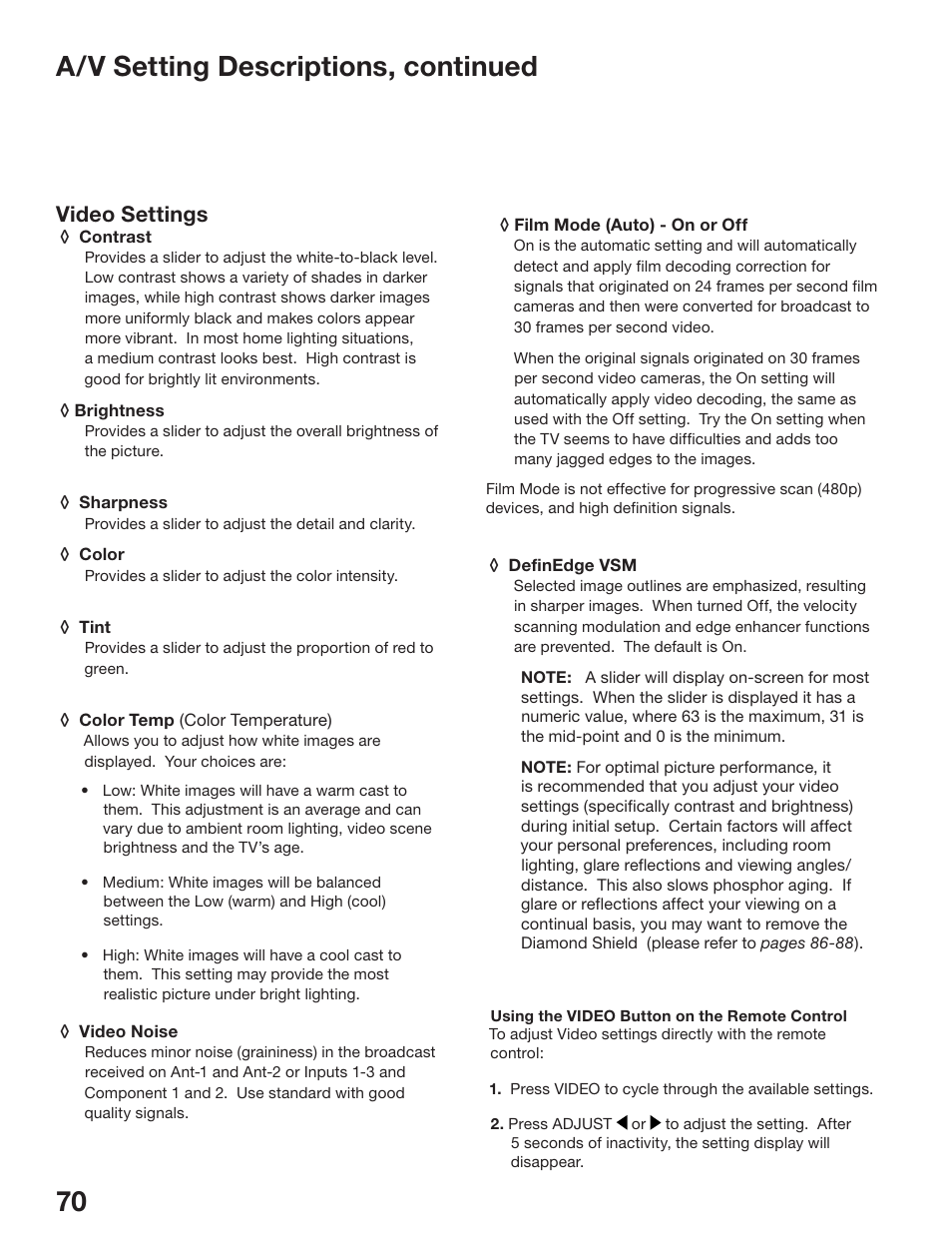 70 a/v setting descriptions, continued, Video settings | MITSUBISHI ELECTRIC WS-65517 User Manual | Page 70 / 100