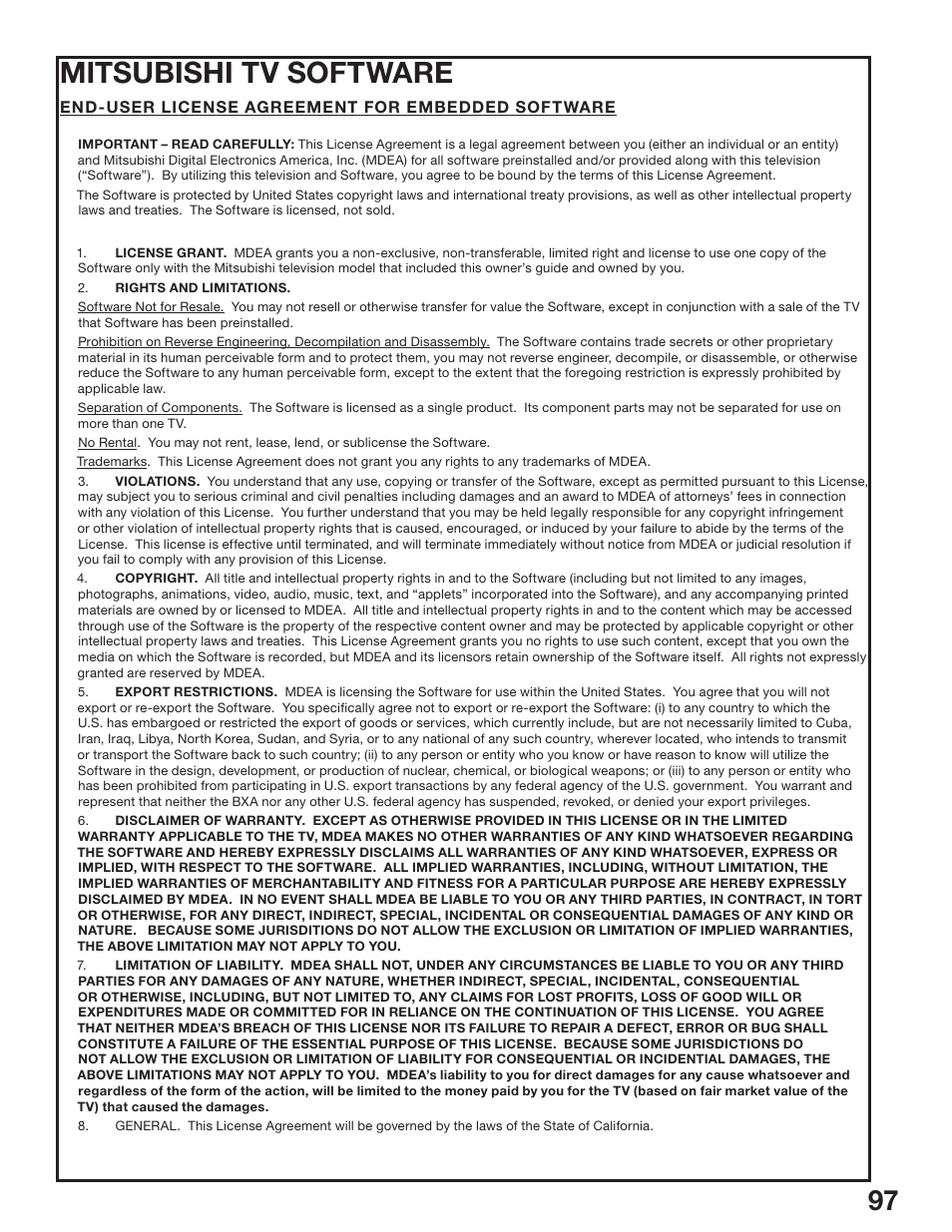 Mitsubishi tv software | MITSUBISHI ELECTRIC WS-65517 User Manual | Page 97 / 100