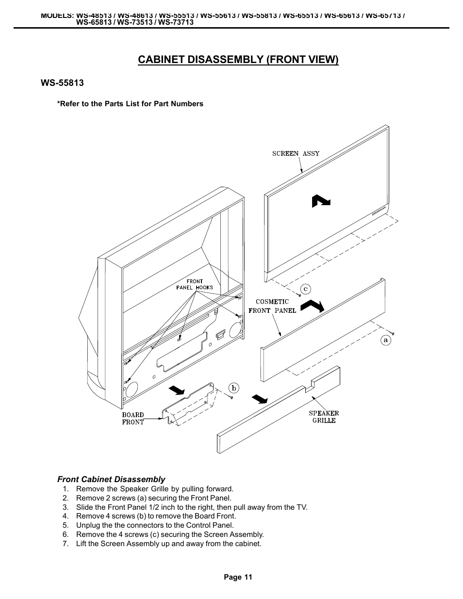 Cabinet disassembly (front view) | MITSUBISHI ELECTRIC WS-48513 User Manual | Page 11 / 86