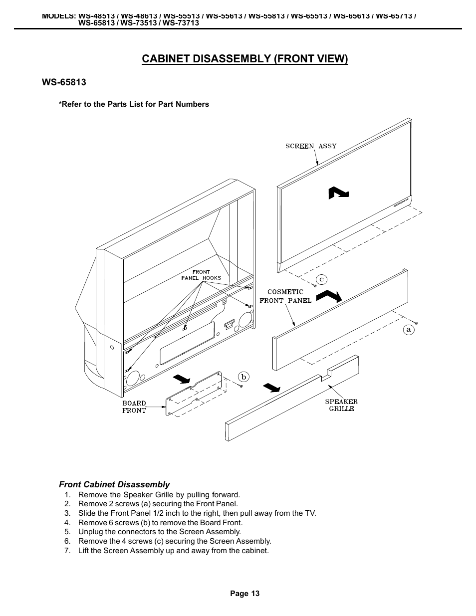 Cabinet disassembly (front view) | MITSUBISHI ELECTRIC WS-48513 User Manual | Page 13 / 86