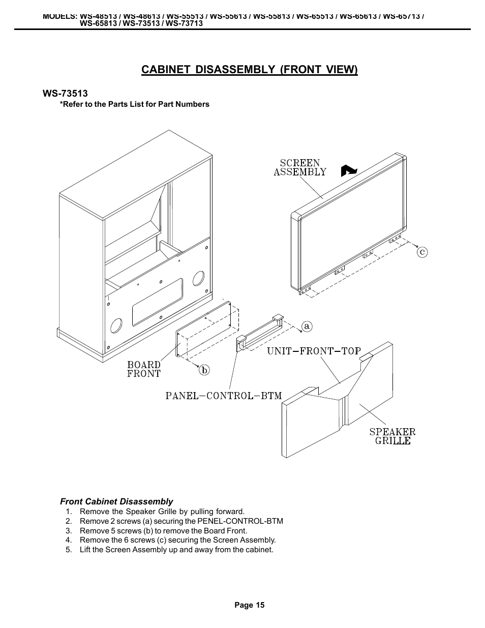 Cabinet disassembly (front view) | MITSUBISHI ELECTRIC WS-48513 User Manual | Page 15 / 86