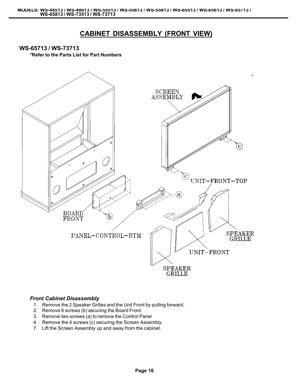 Cabinet disassembly (front view) | MITSUBISHI ELECTRIC WS-48513 User Manual | Page 16 / 86