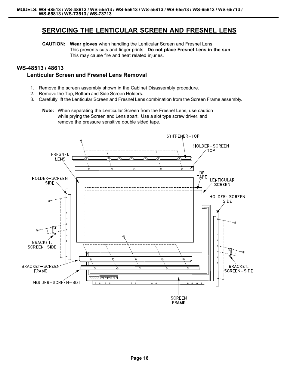 Servicing the lens and screen, Servicing the lenticular screen and fresnel lens | MITSUBISHI ELECTRIC WS-48513 User Manual | Page 18 / 86