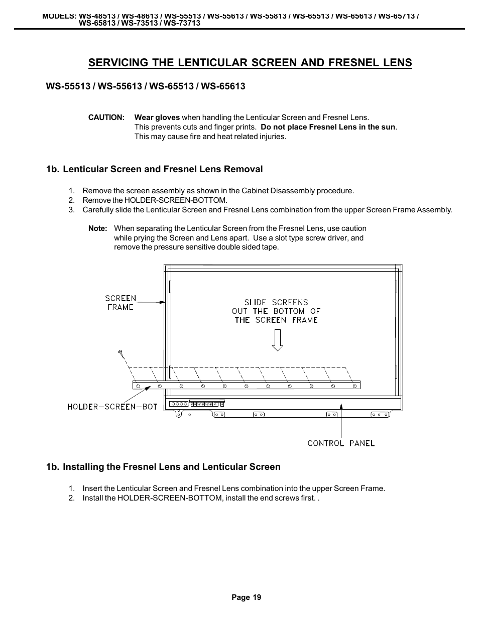 Servicing the lenticular screen and fresnel lens | MITSUBISHI ELECTRIC WS-48513 User Manual | Page 19 / 86