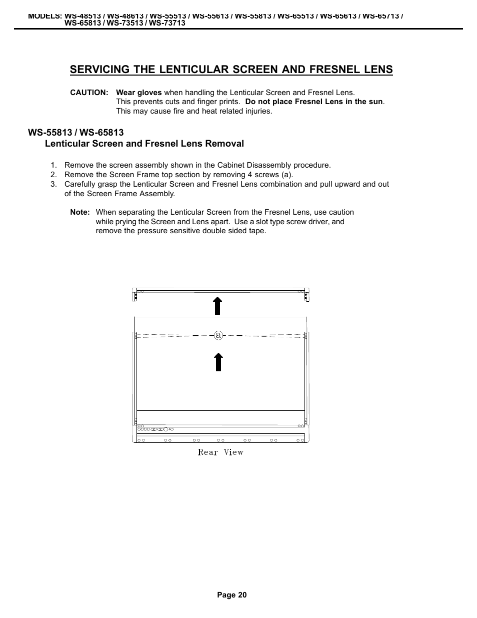 Servicing the lenticular screen and fresnel lens | MITSUBISHI ELECTRIC WS-48513 User Manual | Page 20 / 86