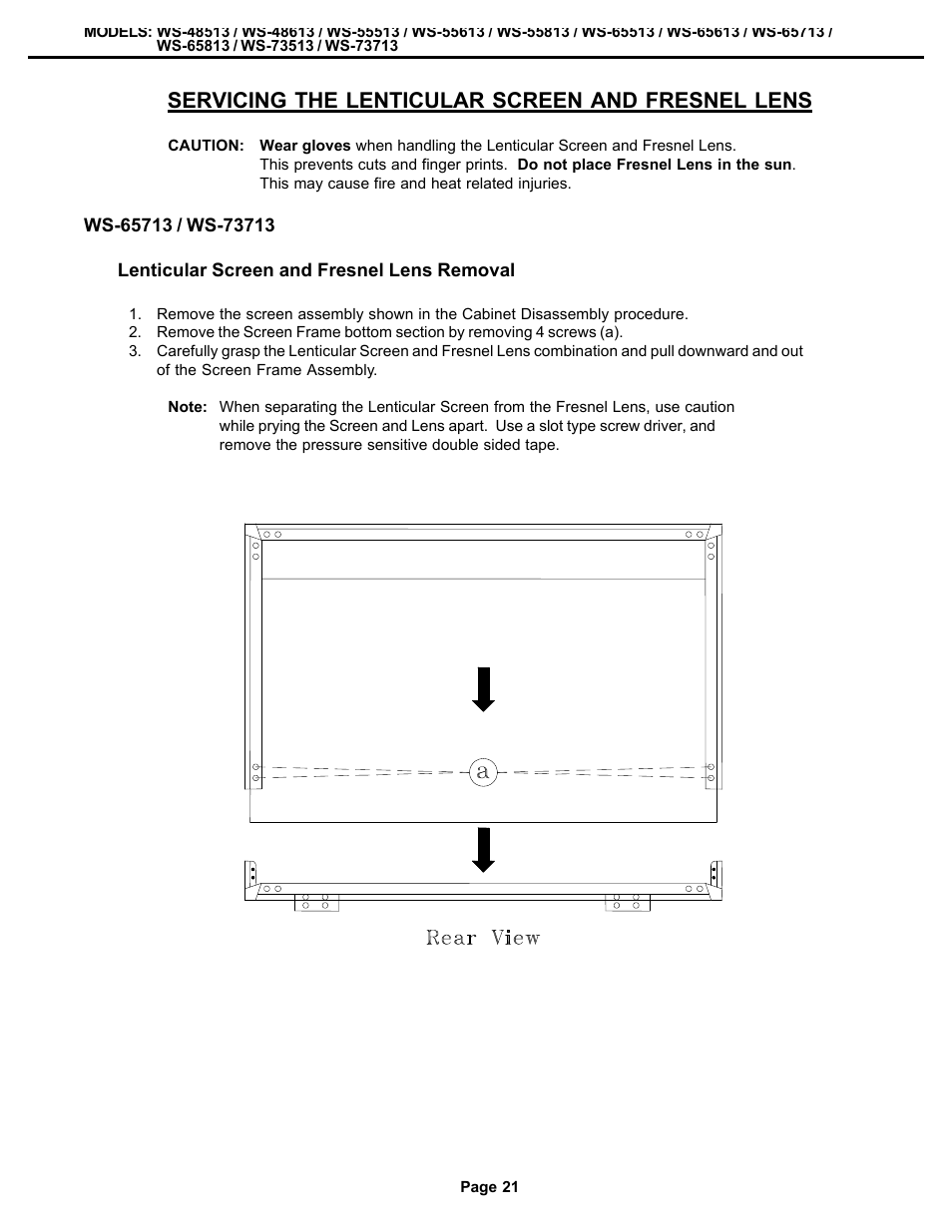 Servicing the lenticular screen and fresnel lens | MITSUBISHI ELECTRIC WS-48513 User Manual | Page 21 / 86