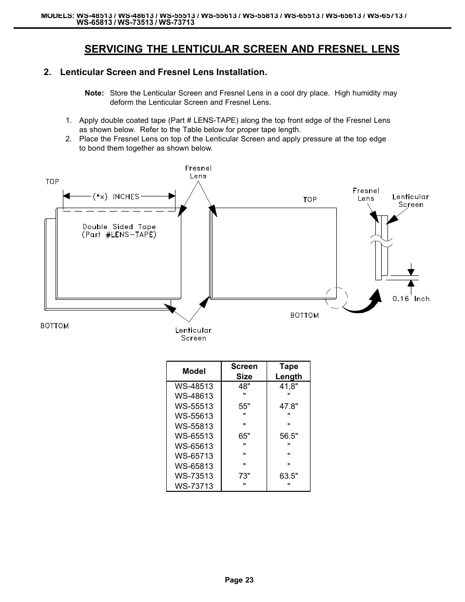 Servicing the lenticular screen and fresnel lens | MITSUBISHI ELECTRIC WS-48513 User Manual | Page 23 / 86