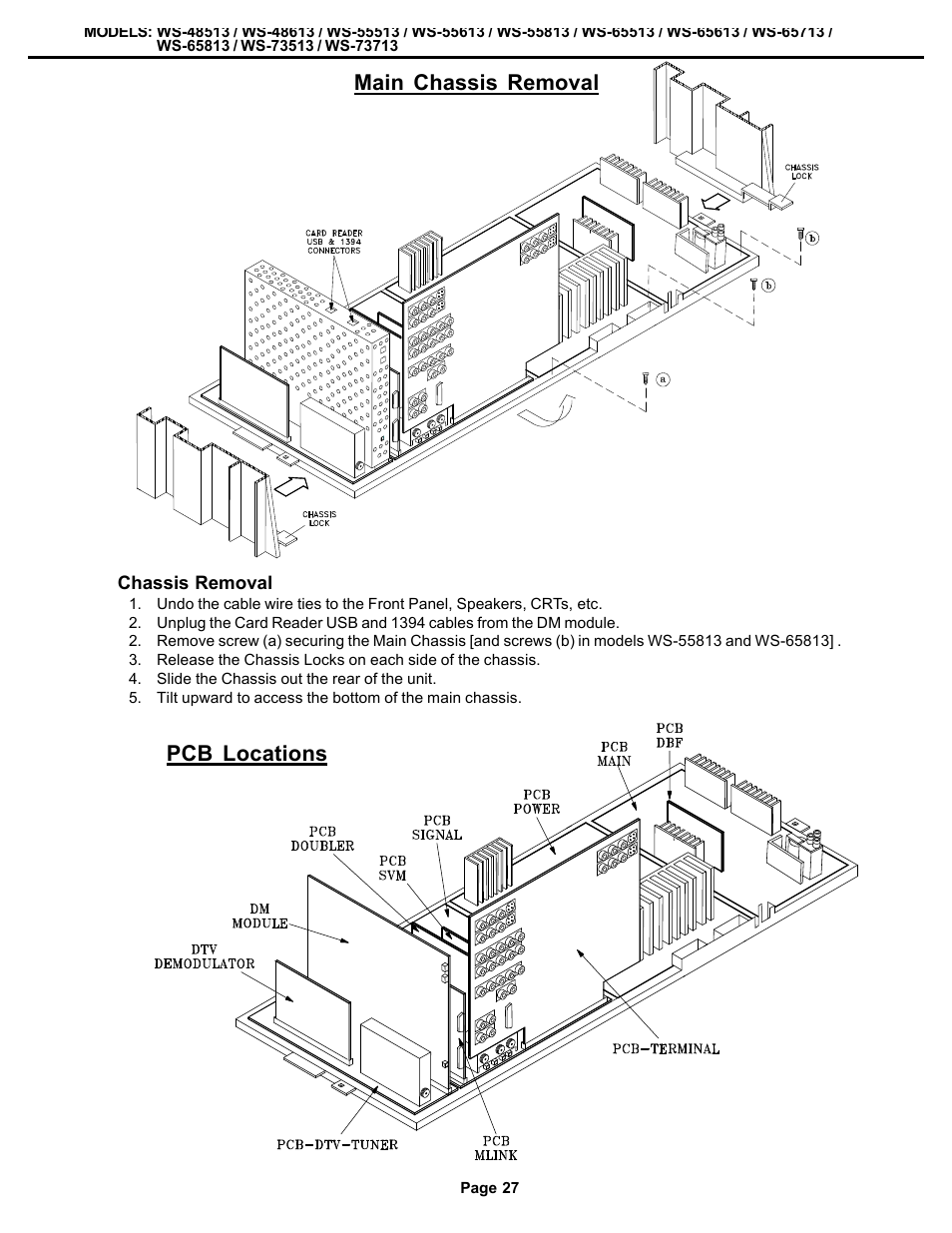 Chassis removal, Pcb locations, Main chassis removal | MITSUBISHI ELECTRIC WS-48513 User Manual | Page 27 / 86