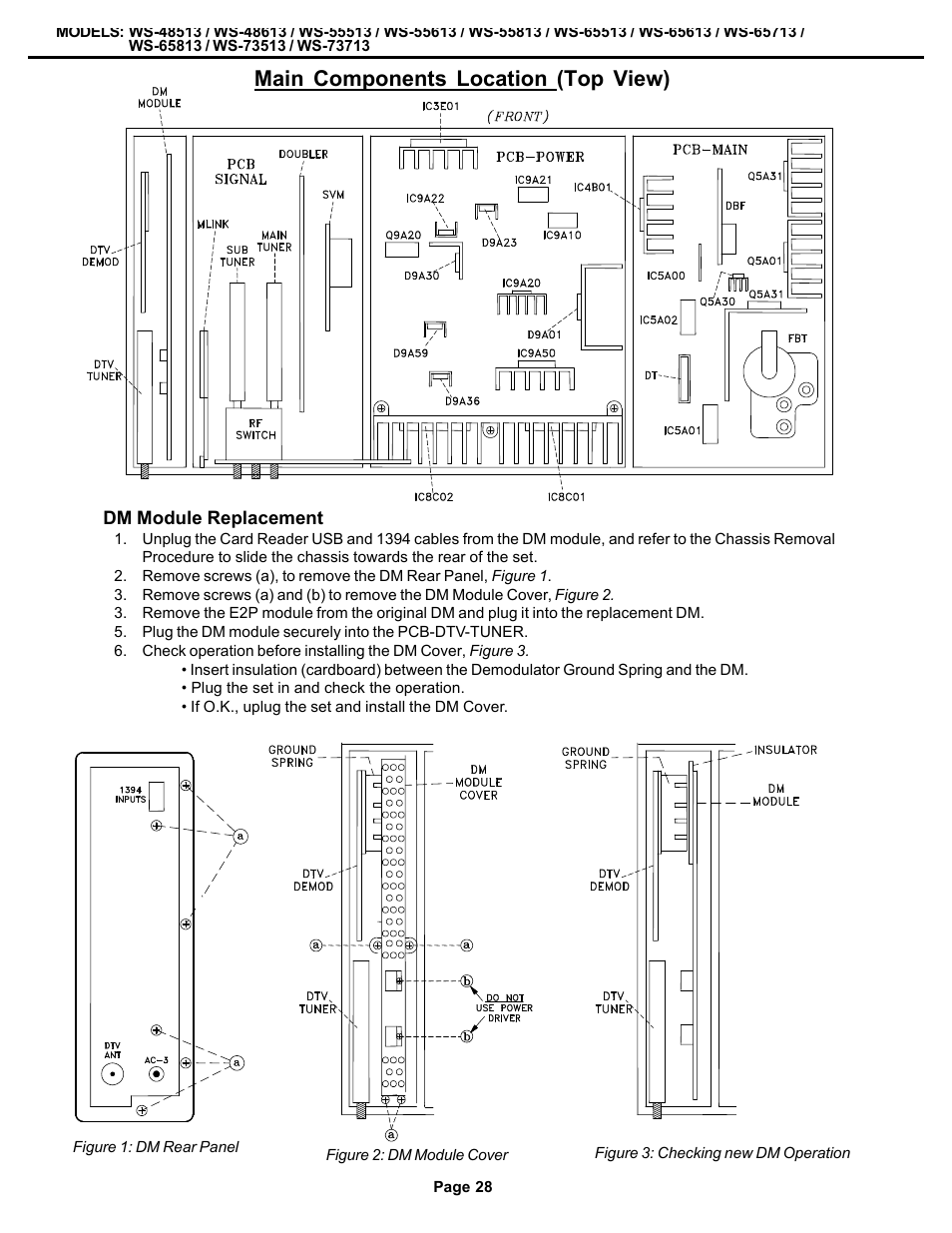 Main component locations, Dm replacement, Main components location (top view) | MITSUBISHI ELECTRIC WS-48513 User Manual | Page 28 / 86