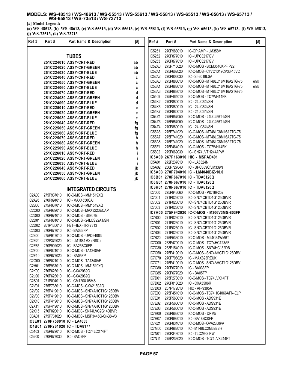 Service parts list, Tubes, Integrated circuits | MITSUBISHI ELECTRIC WS-48513 User Manual | Page 57 / 86