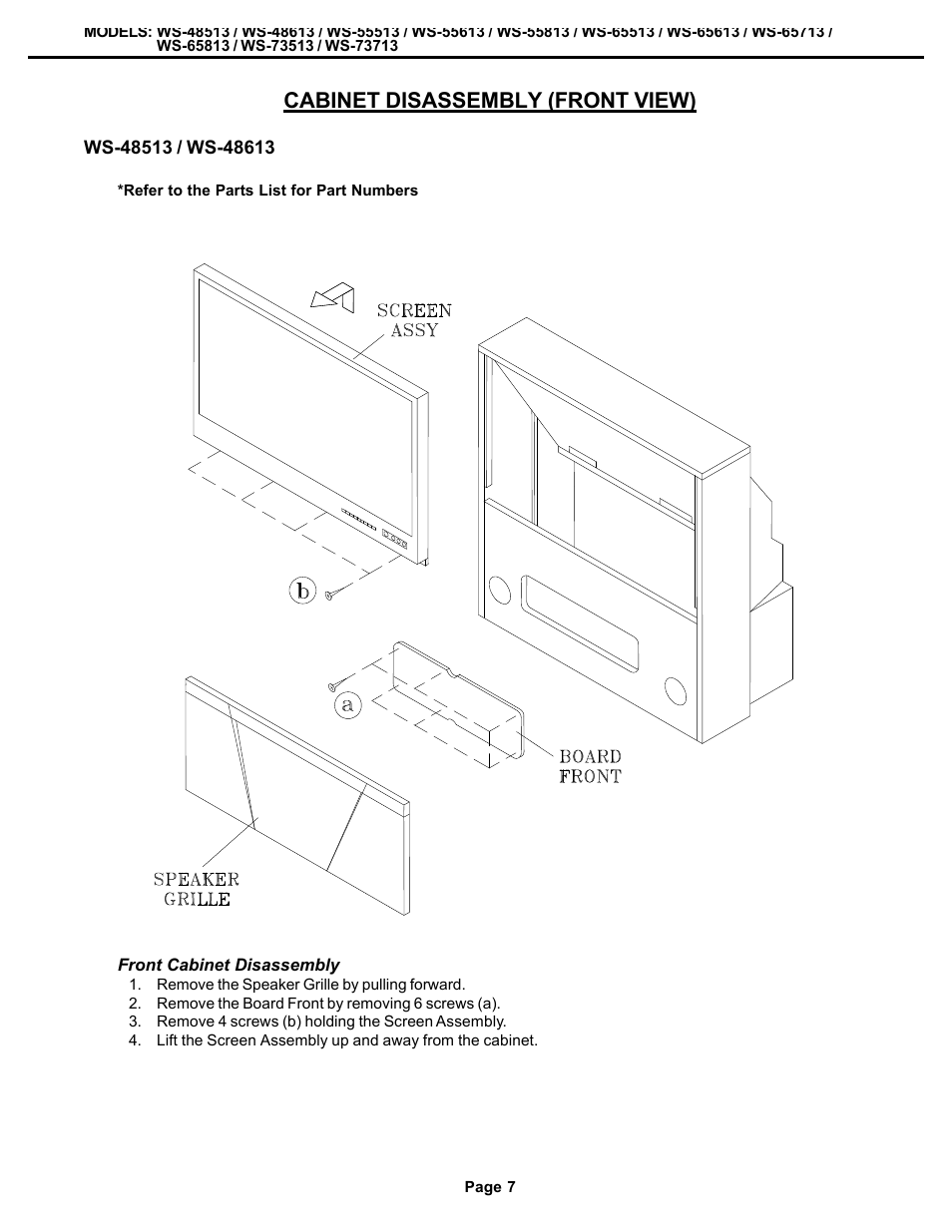 Cabinet disassembly, Cabinet disassembly (front view) | MITSUBISHI ELECTRIC WS-48513 User Manual | Page 7 / 86
