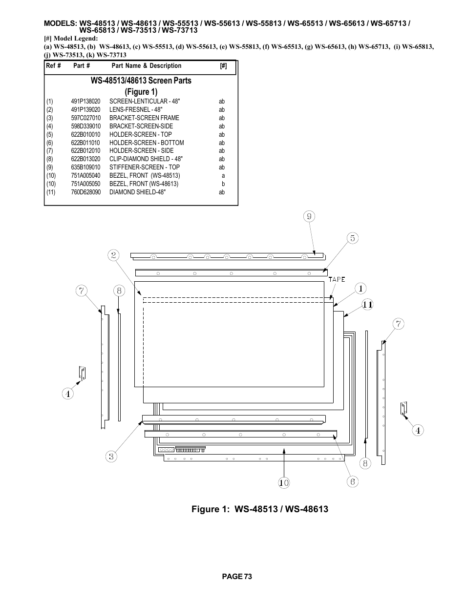 Screen parts | MITSUBISHI ELECTRIC WS-48513 User Manual | Page 73 / 86