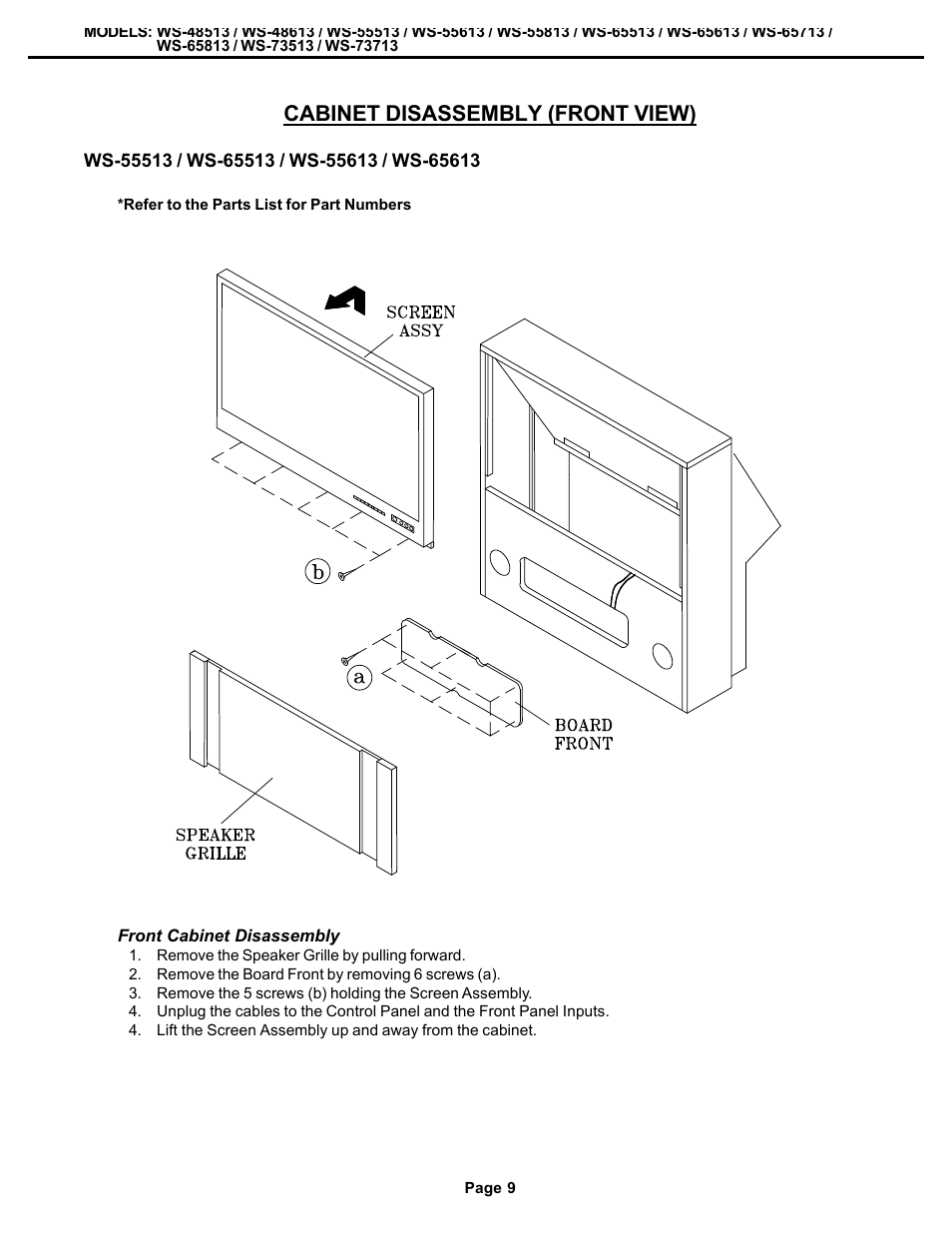 Cabinet disassembly (front view) | MITSUBISHI ELECTRIC WS-48513 User Manual | Page 9 / 86