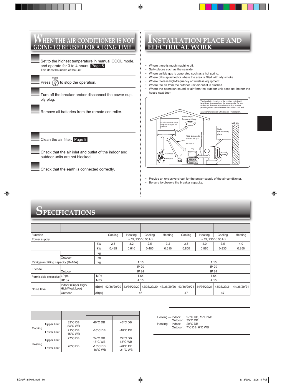 Nstallation place and electrical work, Pecifications, Installation place | Electrical work, When using the air conditioner again | MITSUBISHI ELECTRIC MSZ-FD25VA User Manual | Page 11 / 12