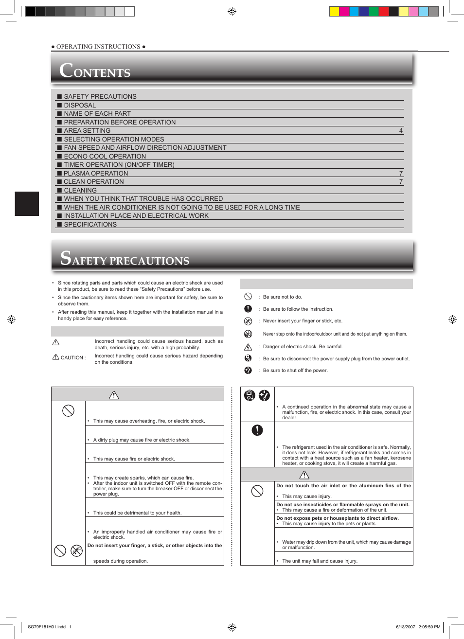 Ontents, Afety precautions, Warning | Caution | MITSUBISHI ELECTRIC MSZ-FD25VA User Manual | Page 2 / 12