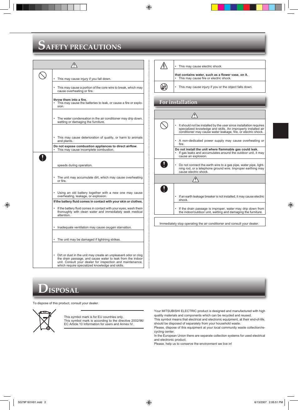 Afety precautions, Isposal, Caution | Warning, For installation | MITSUBISHI ELECTRIC MSZ-FD25VA User Manual | Page 3 / 12