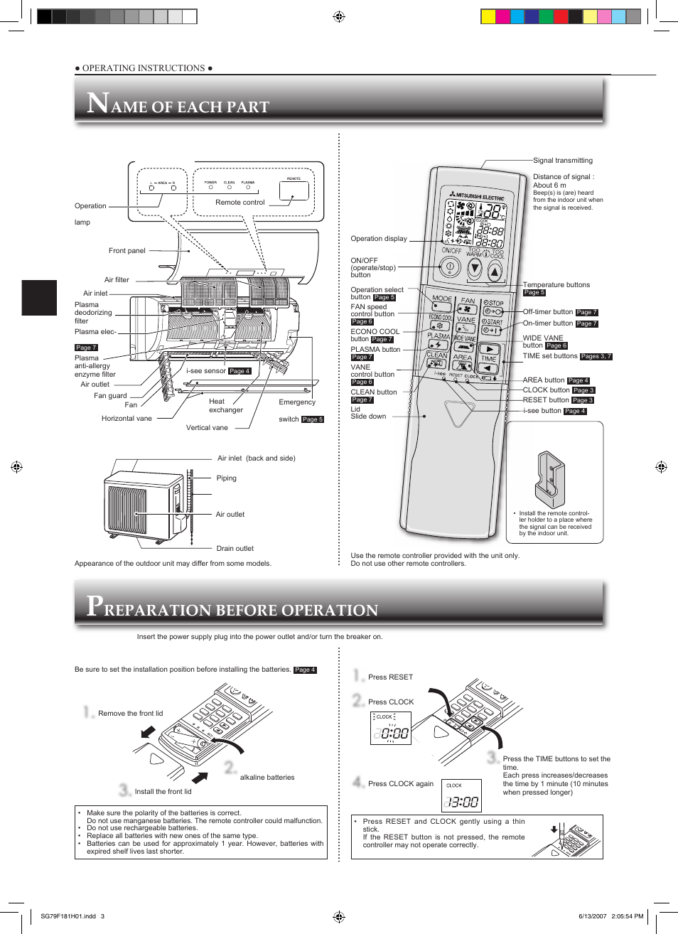 Ame of each part, Reparation before operation 1, Indoor unit remote controller | MITSUBISHI ELECTRIC MSZ-FD25VA User Manual | Page 4 / 12