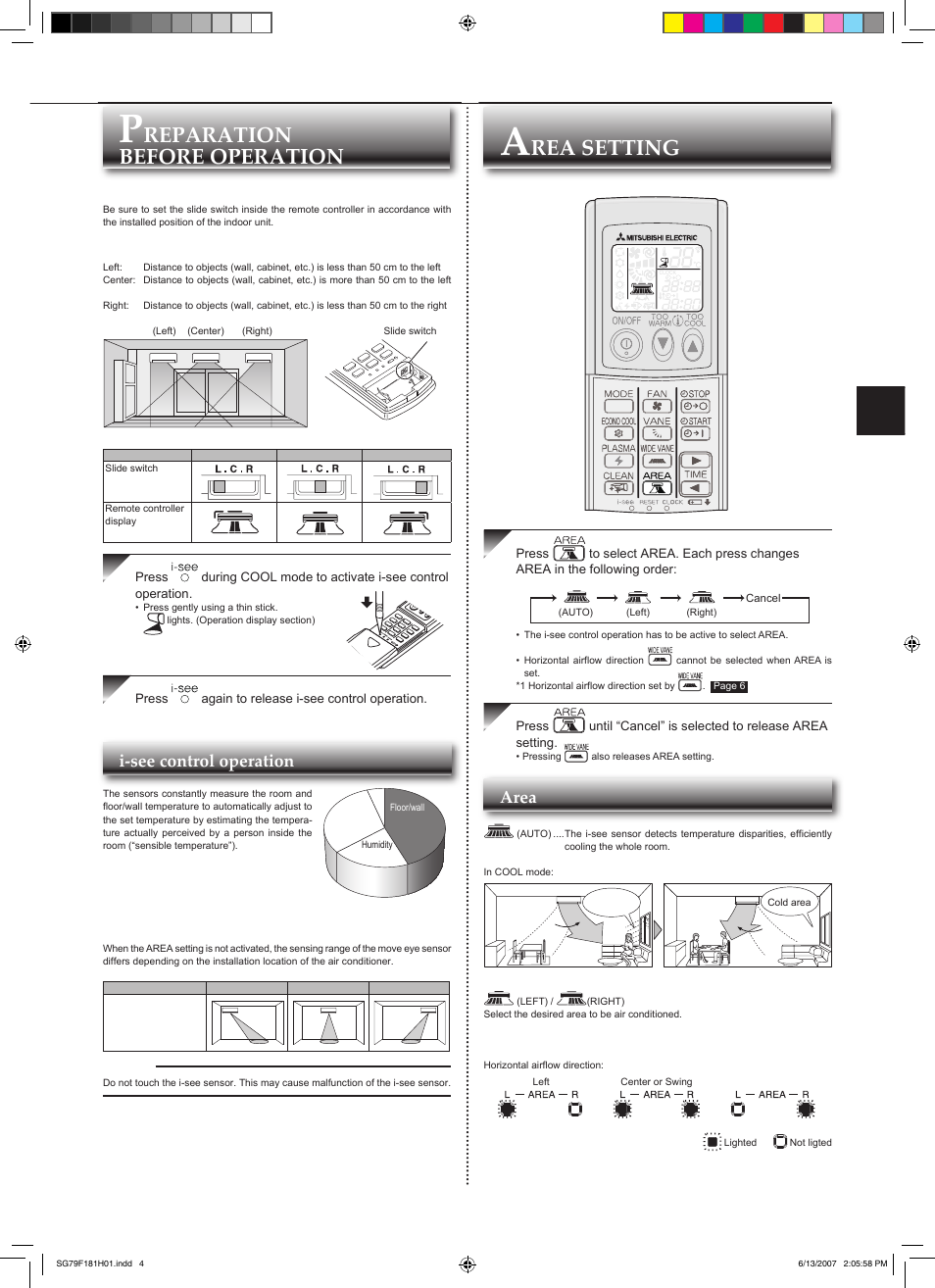 Reparation before operation, Rea setting, Indoor unit display | Setting the installation position, I-see sensor, Area, I-see control operation | MITSUBISHI ELECTRIC MSZ-FD25VA User Manual | Page 5 / 12