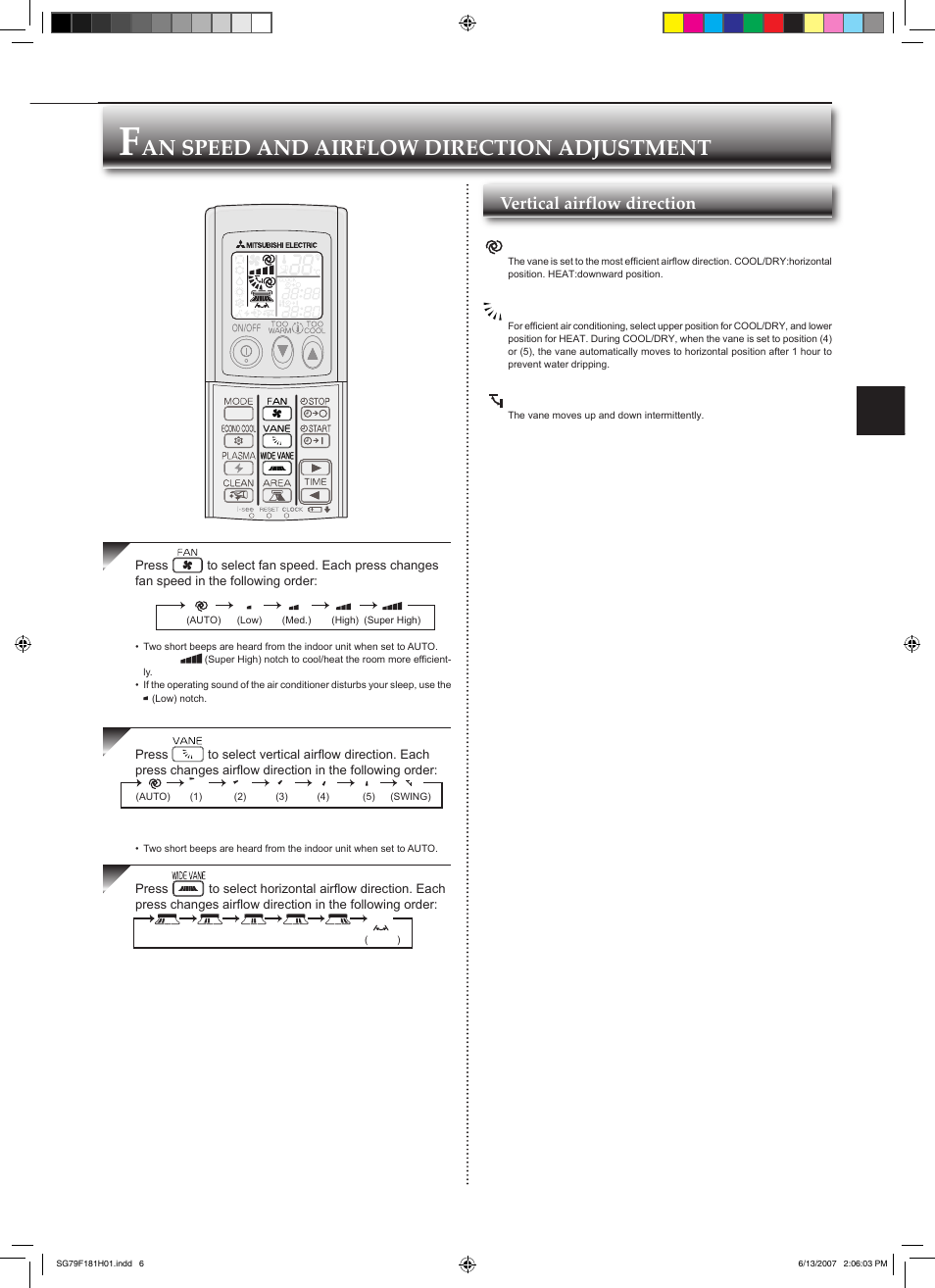 An speed and airflow direction adjustment, Auto), Manual) | Swing), Vertical airflow direction | MITSUBISHI ELECTRIC MSZ-FD25VA User Manual | Page 7 / 12