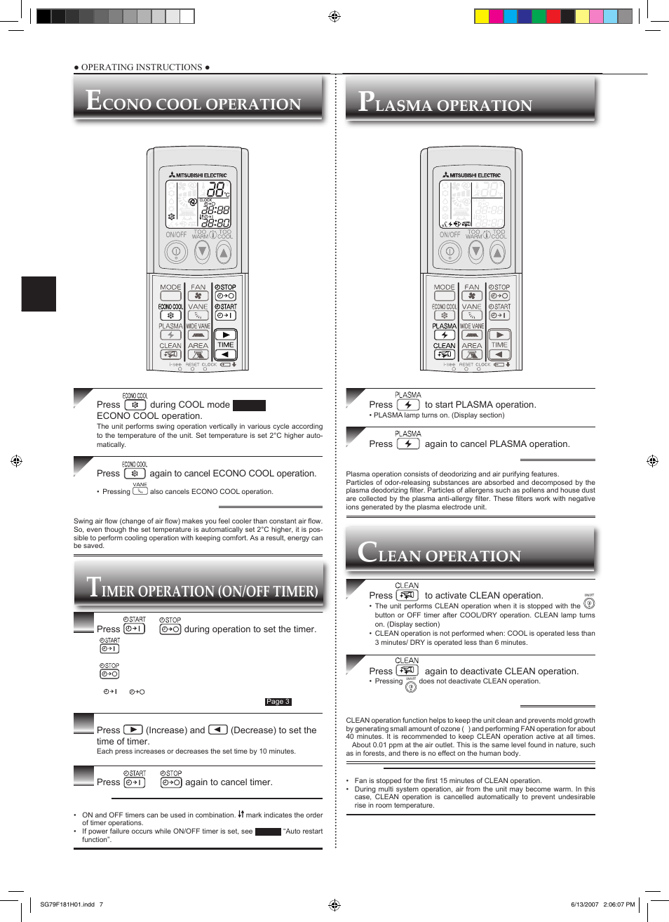 Cono cool operation, Imer operation (on/off timer), Lasma operation | Lean operation | MITSUBISHI ELECTRIC MSZ-FD25VA User Manual | Page 8 / 12