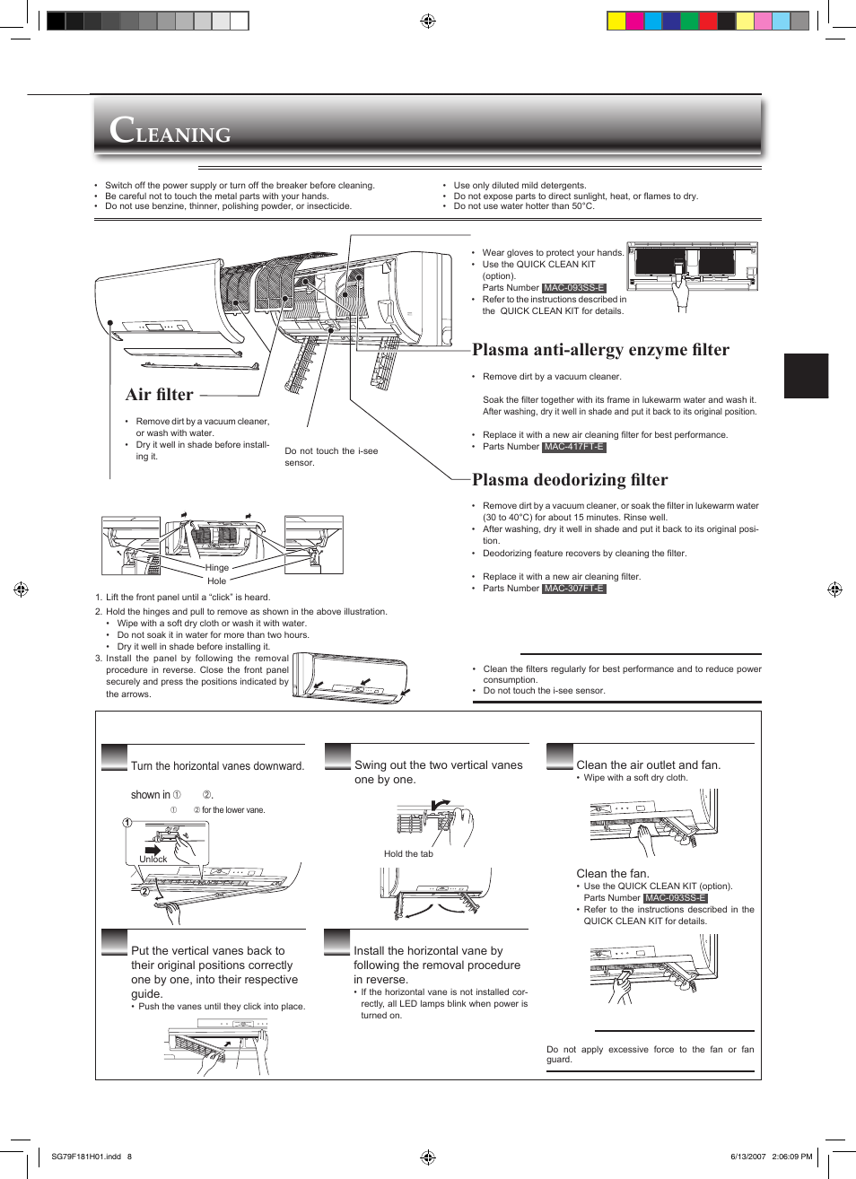 Leaning 1, Heat exchanger, Front panel | Plasma anti-allergy enzyme ﬁ lter, Plasma deodorizing ﬁ lter, I-see sensor | MITSUBISHI ELECTRIC MSZ-FD25VA User Manual | Page 9 / 12