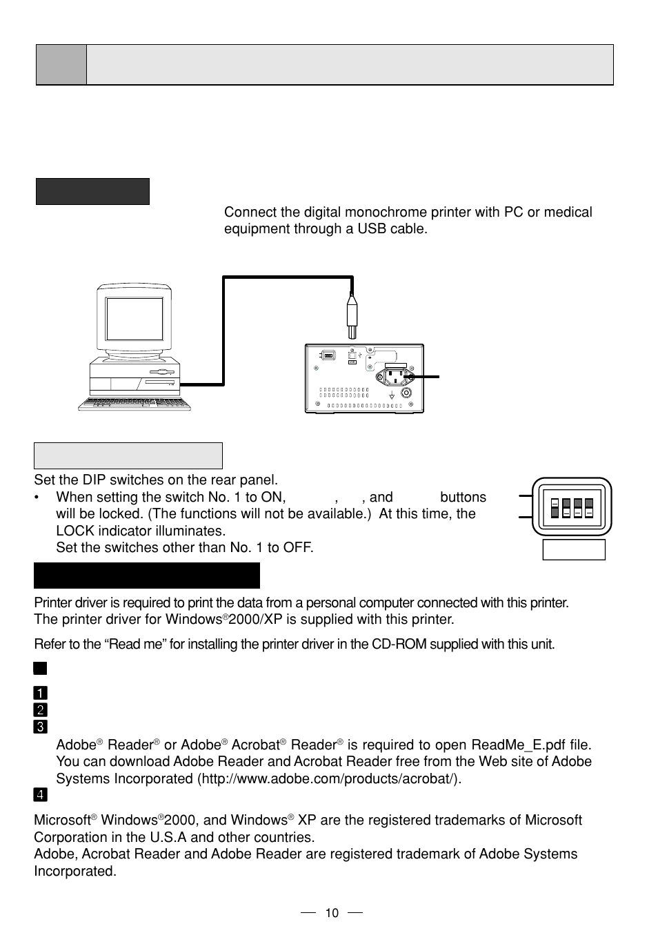 Example of connection / setting of switches, Setting of switches, Installing printer driver | Dip sw | MITSUBISHI ELECTRIC P93DE User Manual | Page 18 / 31