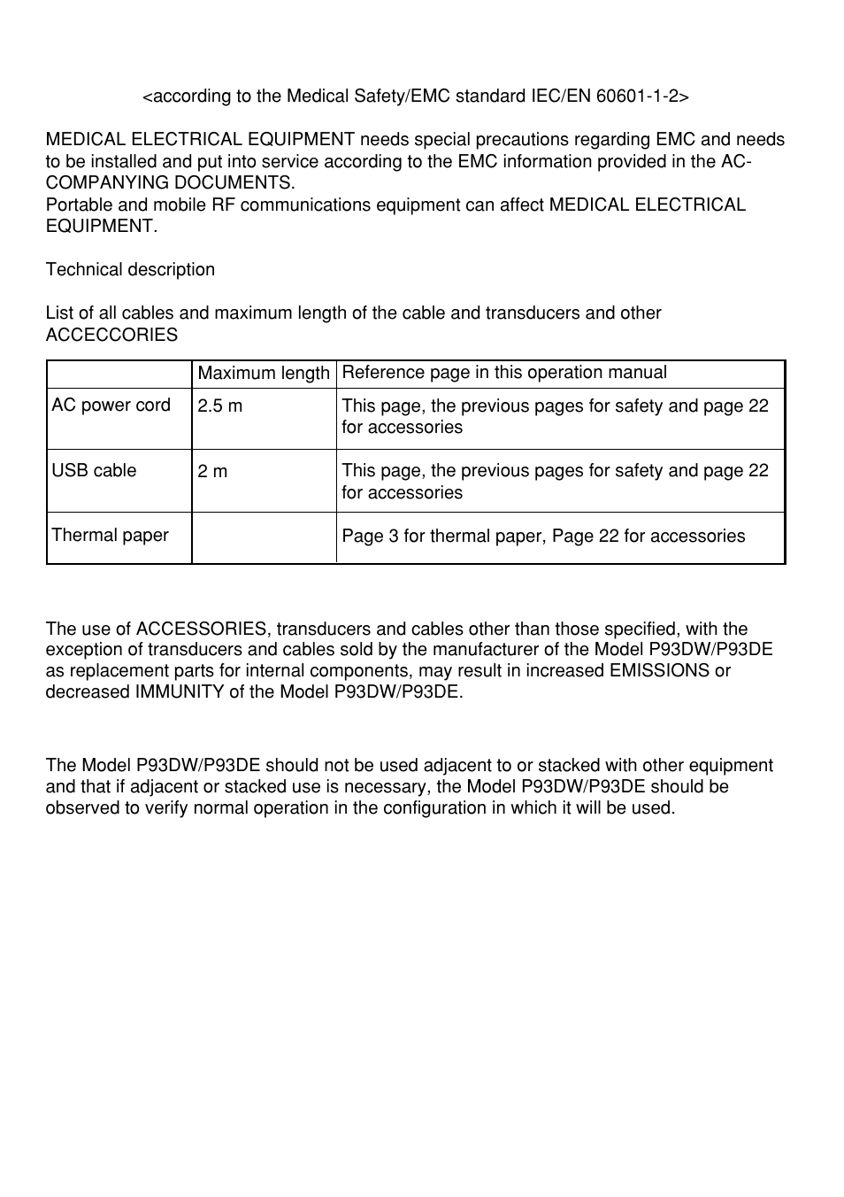 Instructions for medical use, Warning | MITSUBISHI ELECTRIC P93DE User Manual | Page 5 / 31