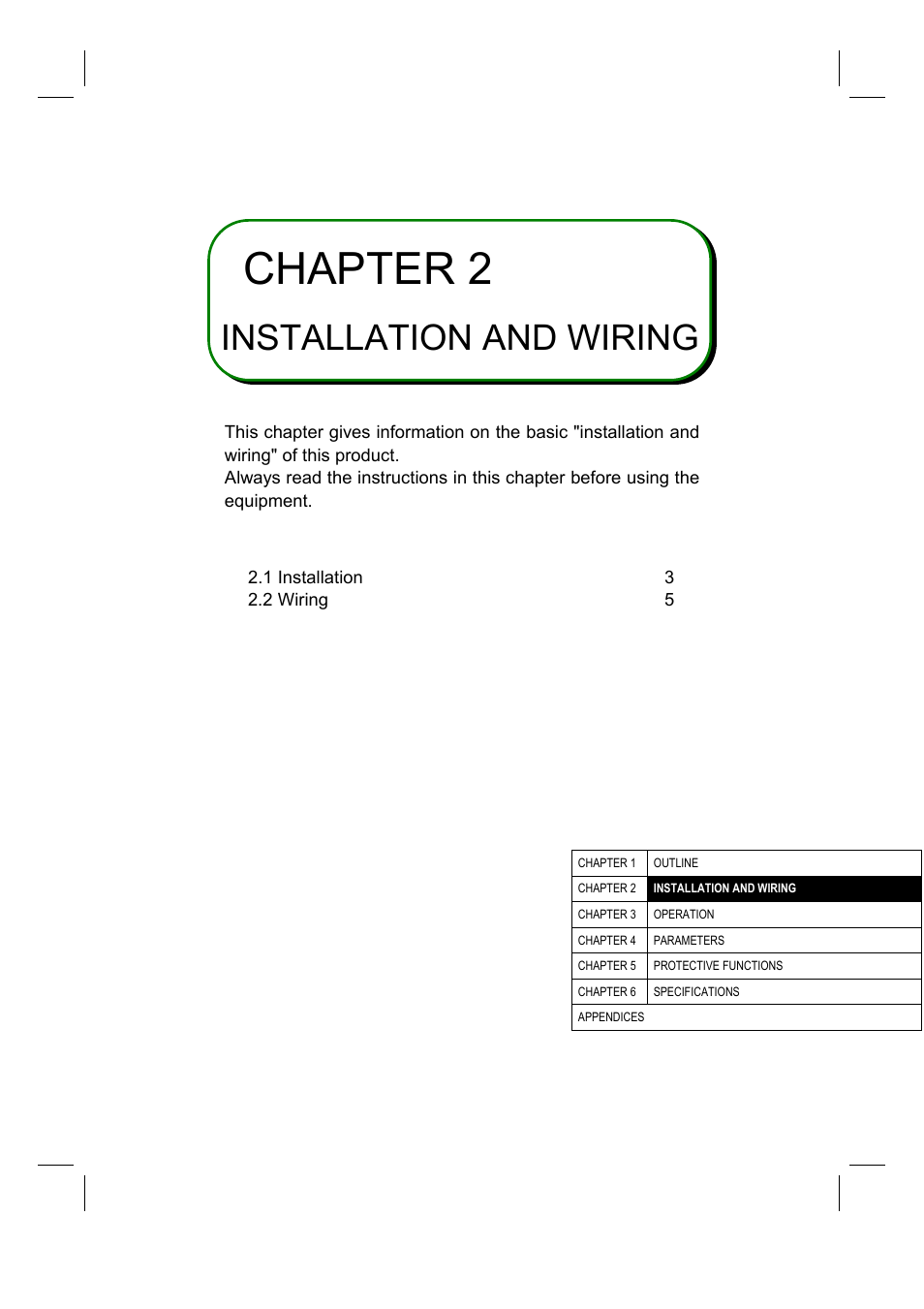 Chapter 2, Installation and wiring | MITSUBISHI ELECTRIC FR-A500L User Manual | Page 10 / 63