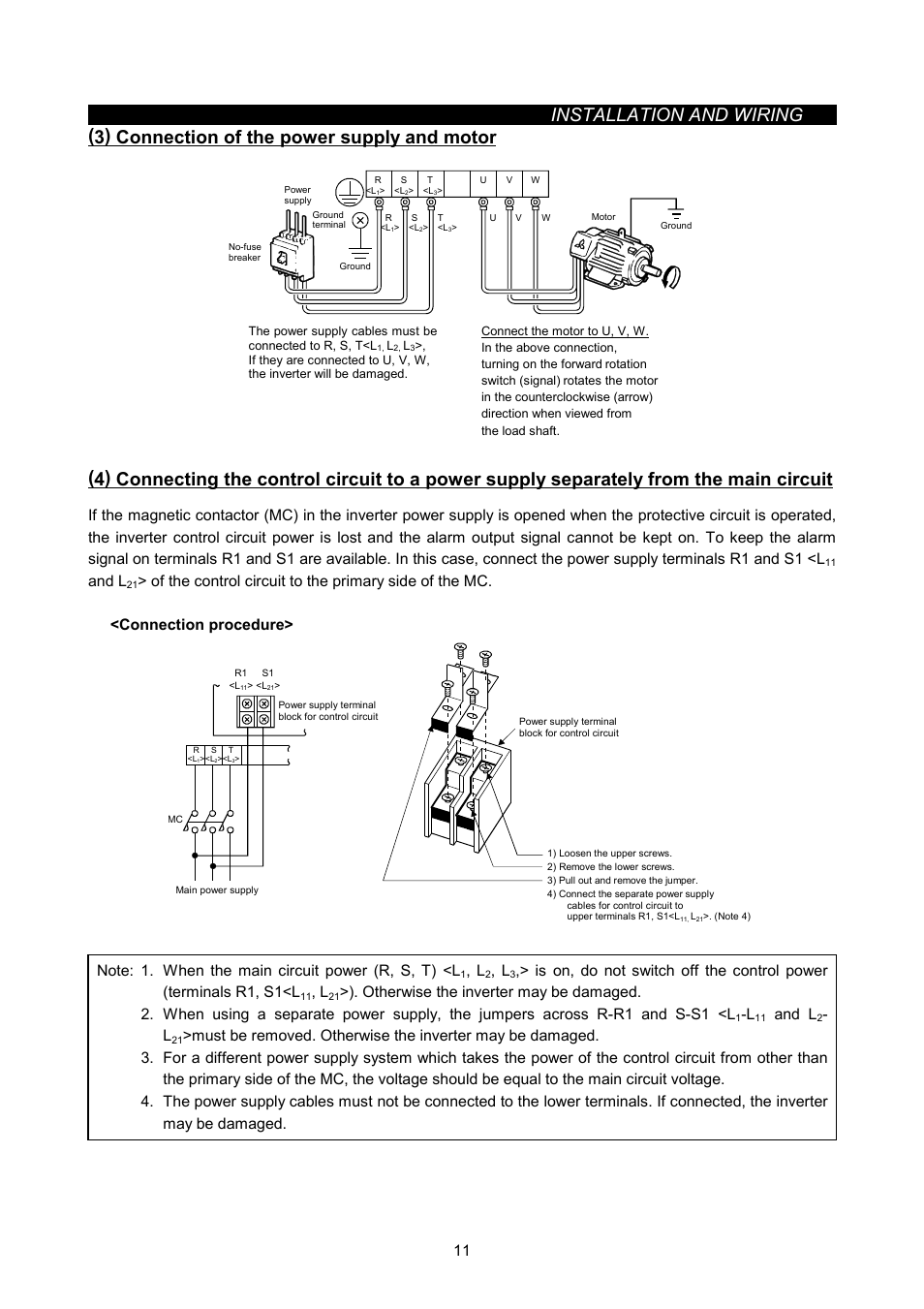 Installation and wiring, 3) connection of the power supply and motor, And l | MITSUBISHI ELECTRIC FR-A500L User Manual | Page 19 / 63