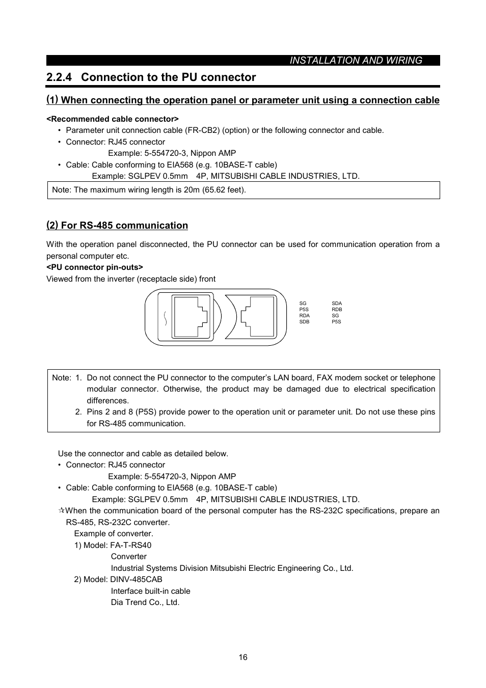 4 connection to the pu connector | MITSUBISHI ELECTRIC FR-A500L User Manual | Page 24 / 63