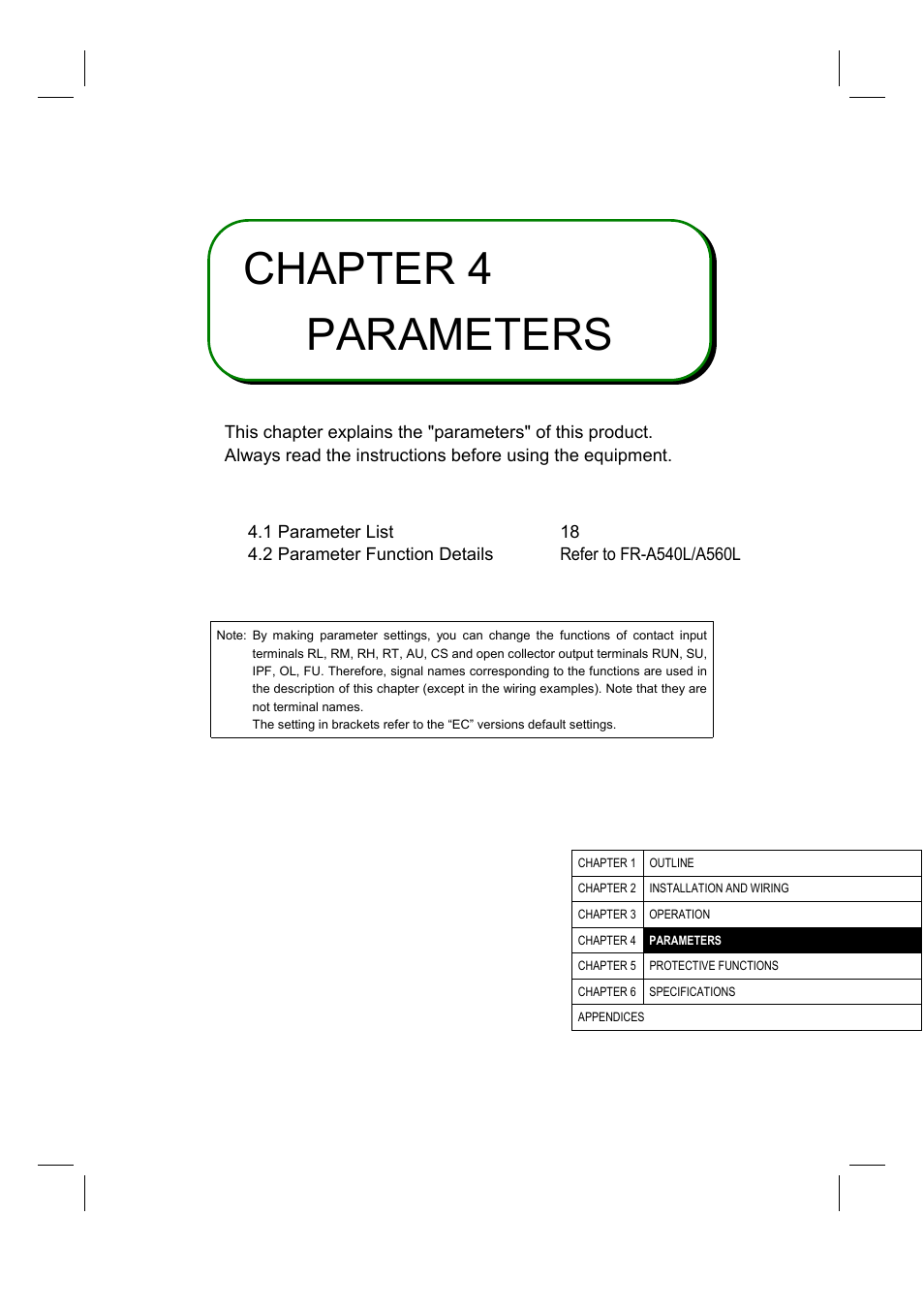 Chapter 4 parameters | MITSUBISHI ELECTRIC FR-A500L User Manual | Page 27 / 63