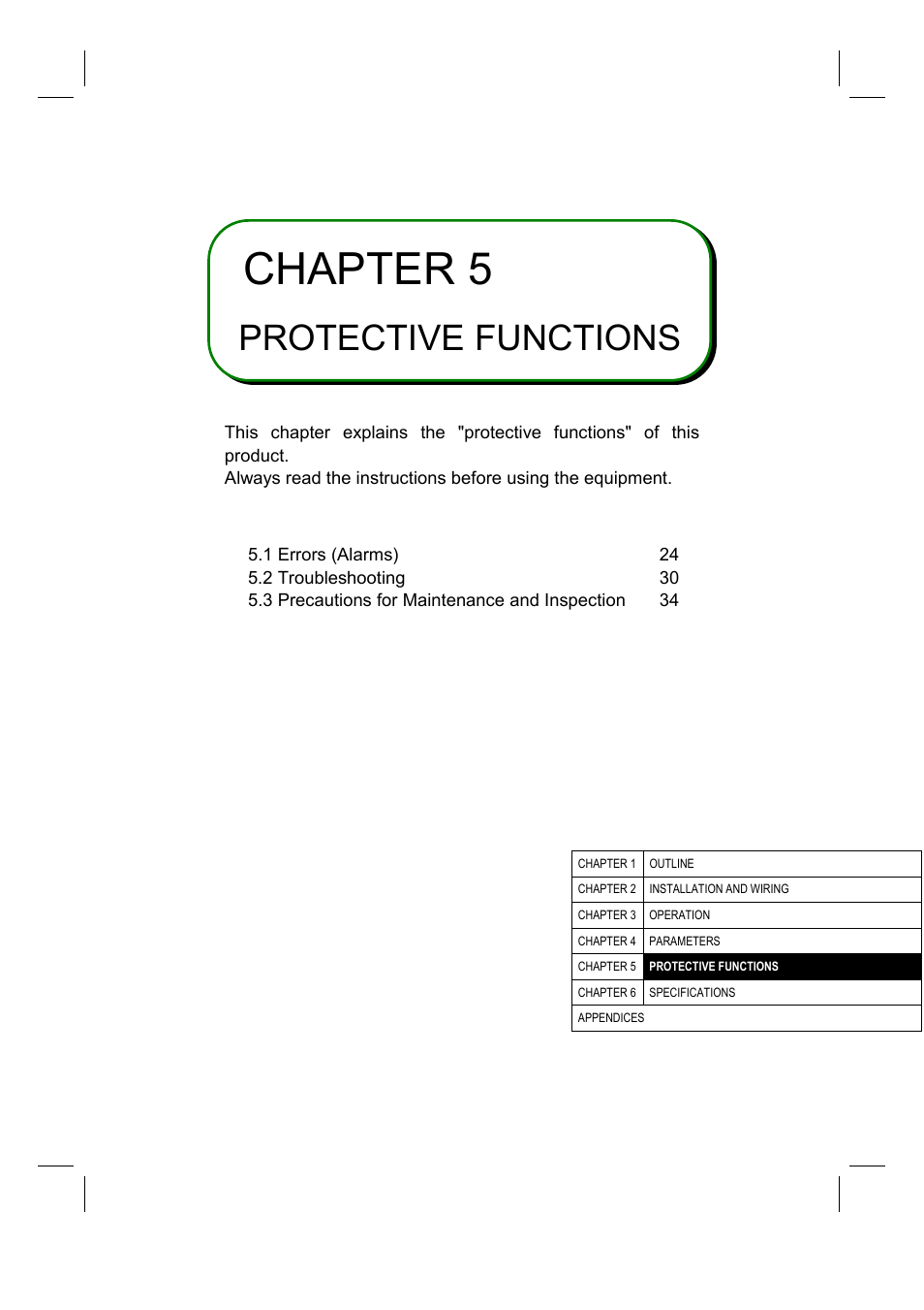 Chapter 5, Protective functions | MITSUBISHI ELECTRIC FR-A500L User Manual | Page 34 / 63