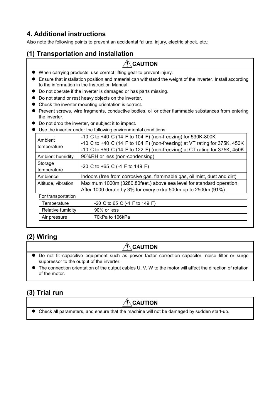 Additional instructions, 1) transportation and installation, 2) wiring | 3) trial run | MITSUBISHI ELECTRIC FR-A500L User Manual | Page 4 / 63