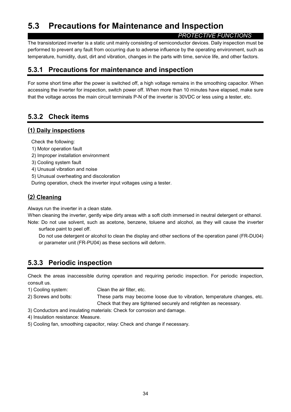 3 precautions for maintenance and inspection, 1 precautions for maintenance and inspection, 2 check items | 3 periodic inspection | MITSUBISHI ELECTRIC FR-A500L User Manual | Page 45 / 63