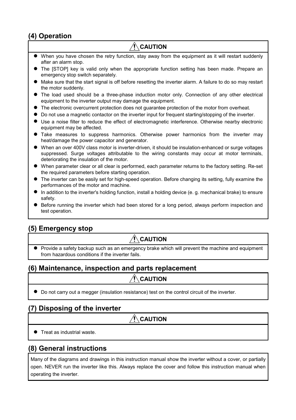 4) operation, 5) emergency stop, 6) maintenance, inspection and parts replacement | 7) disposing of the inverter, 8) general instructions | MITSUBISHI ELECTRIC FR-A500L User Manual | Page 5 / 63