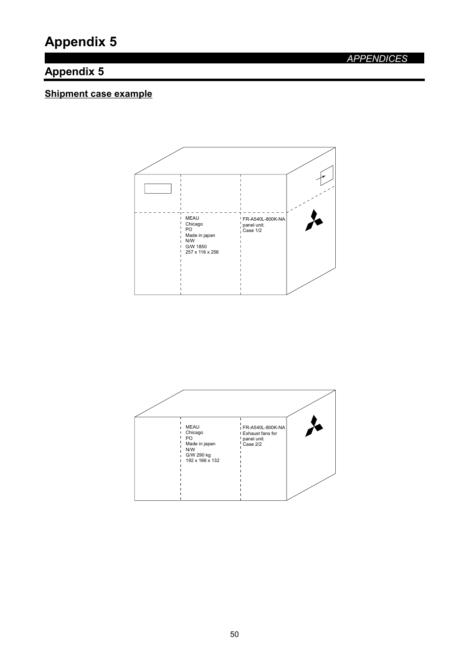 Appendix 5, Appendices, Shipment case example | MITSUBISHI ELECTRIC FR-A500L User Manual | Page 63 / 63