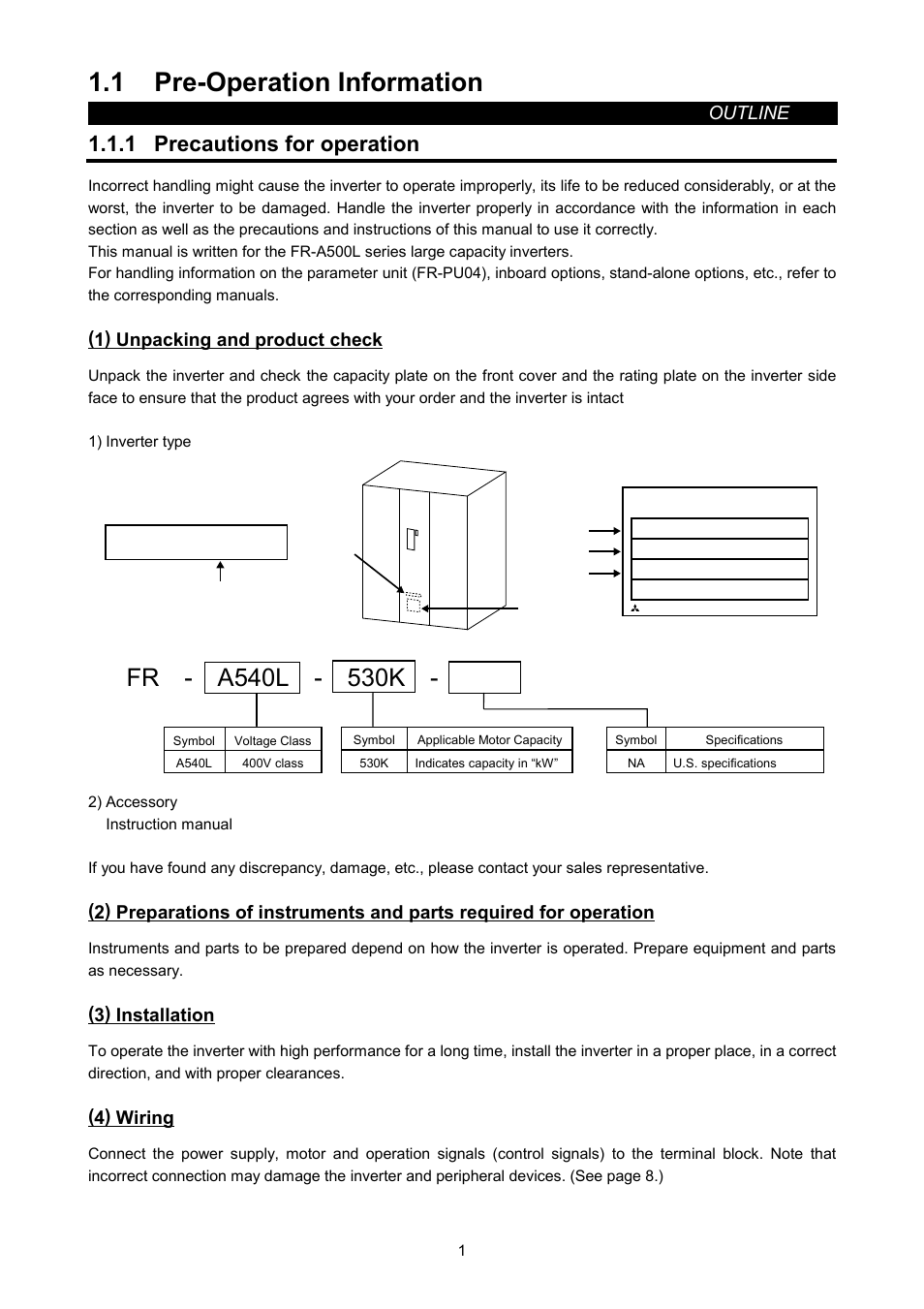 1 pre-operation information, 1 precautions for operation, Outline | 1) unpacking and product check, 3) installation, 4) wiring | MITSUBISHI ELECTRIC FR-A500L User Manual | Page 8 / 63