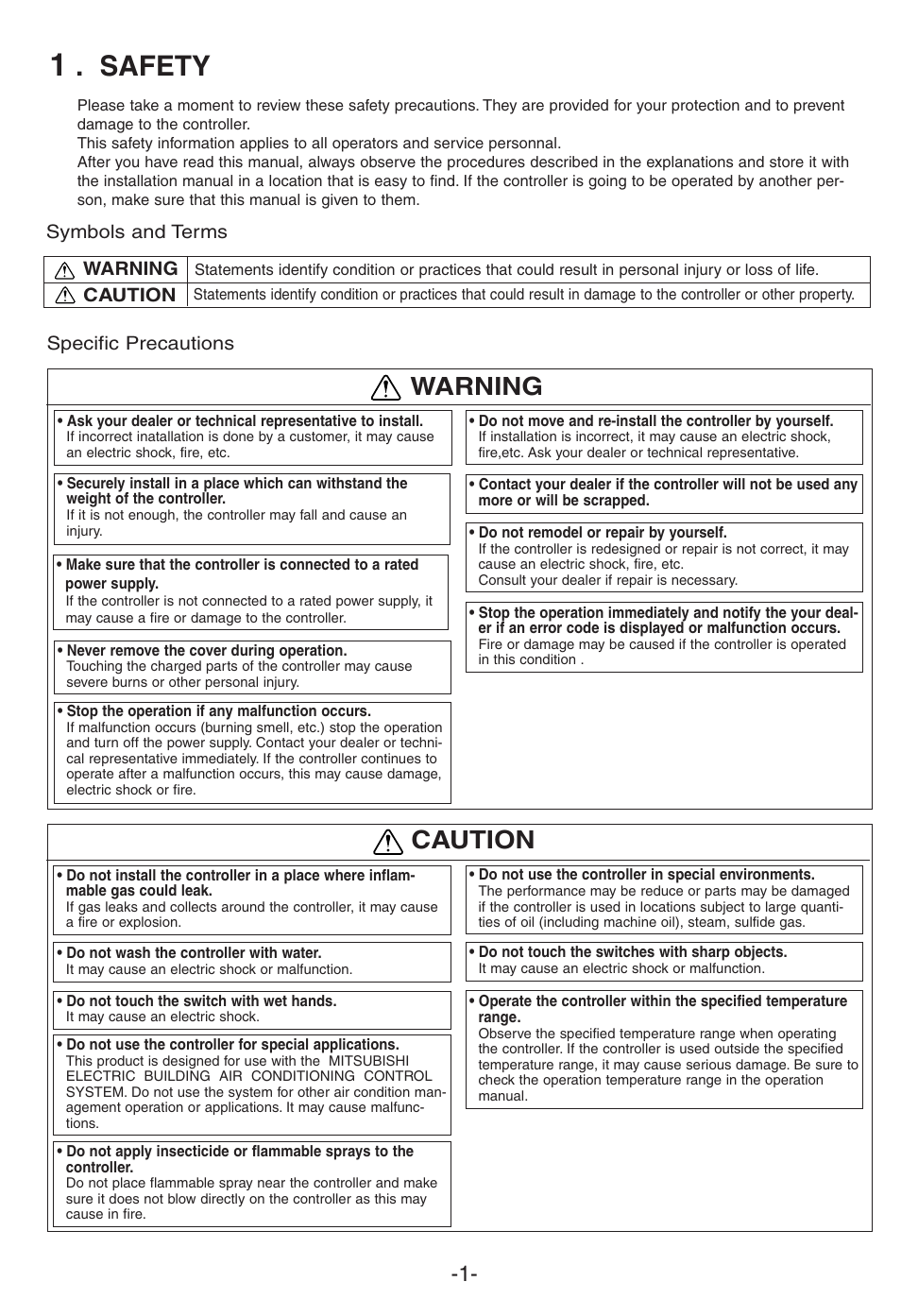 Safety, Warning, Caution | MITSUBISHI ELECTRIC G-50A User Manual | Page 3 / 46