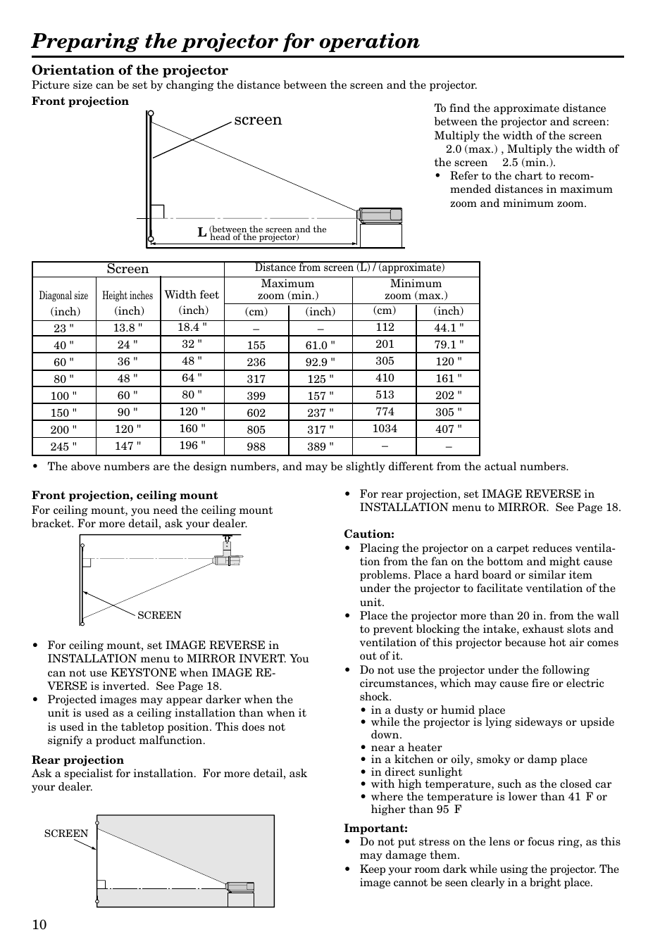 Preparing the projector for operation, Screen | MITSUBISHI ELECTRIC LVP-X120A User Manual | Page 10 / 44