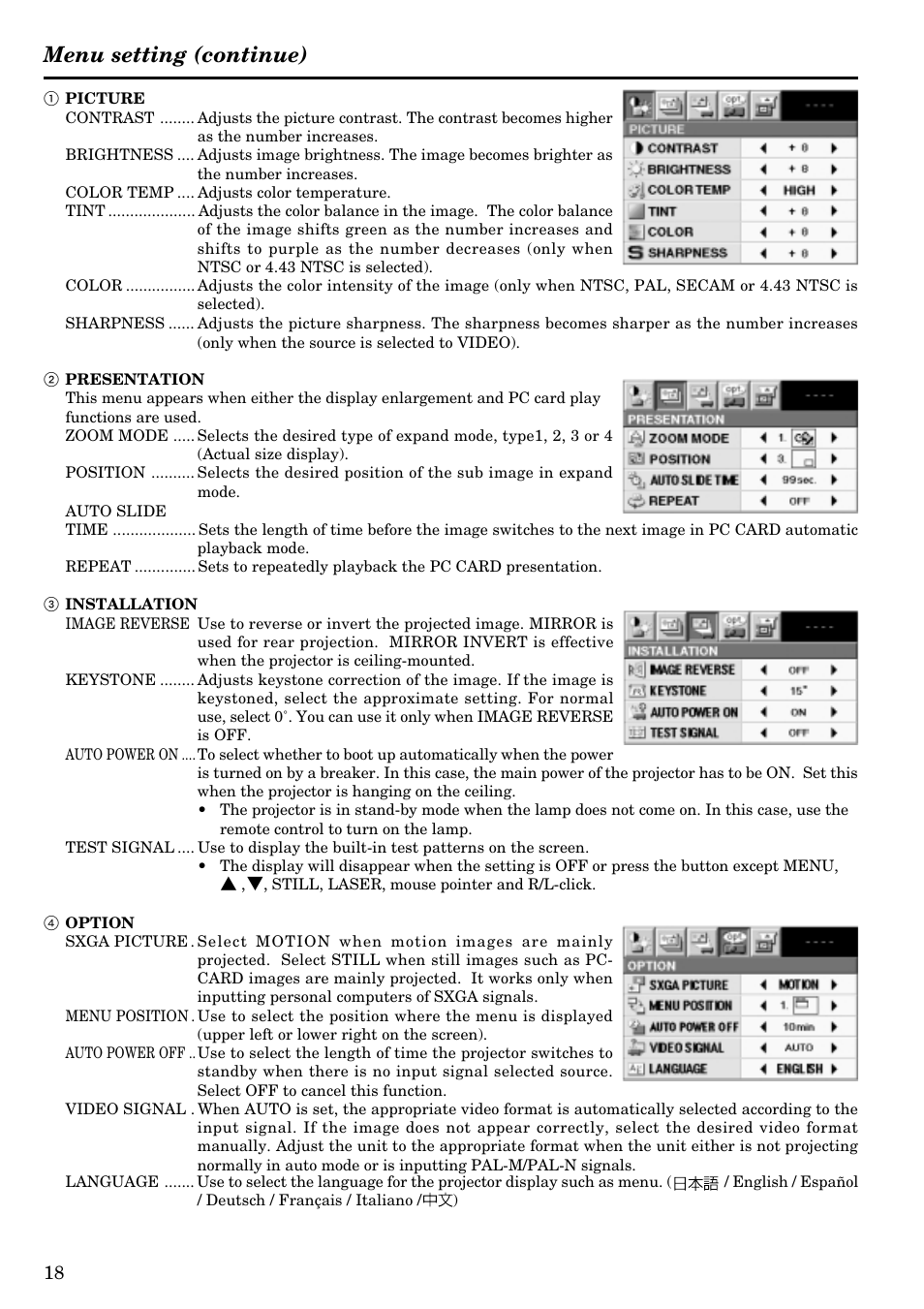 Menu setting (continue) | MITSUBISHI ELECTRIC LVP-X120A User Manual | Page 18 / 44
