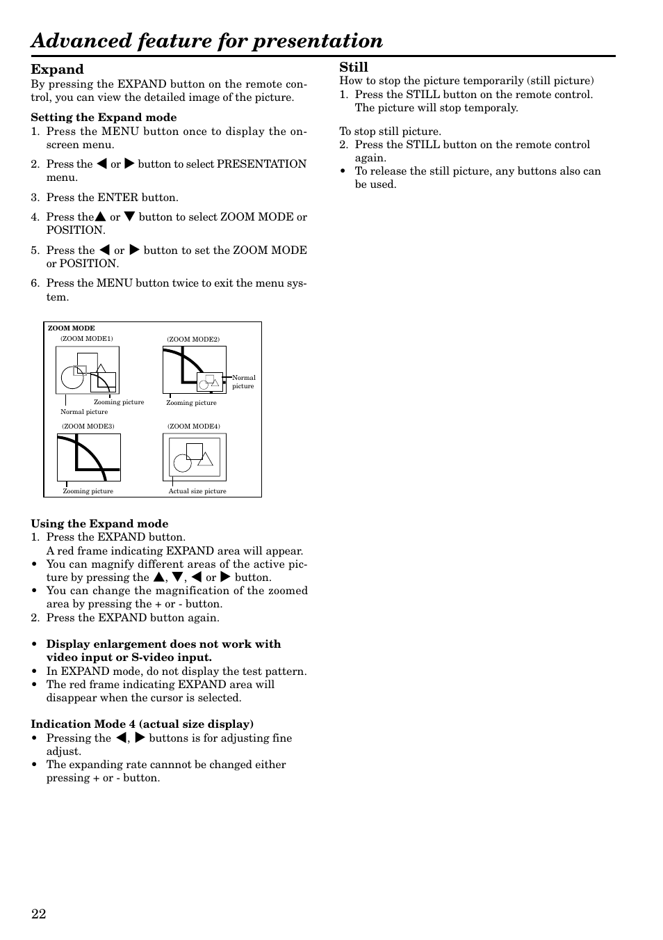 Advanced feature for presentation, 22 expand, Still | MITSUBISHI ELECTRIC LVP-X120A User Manual | Page 22 / 44